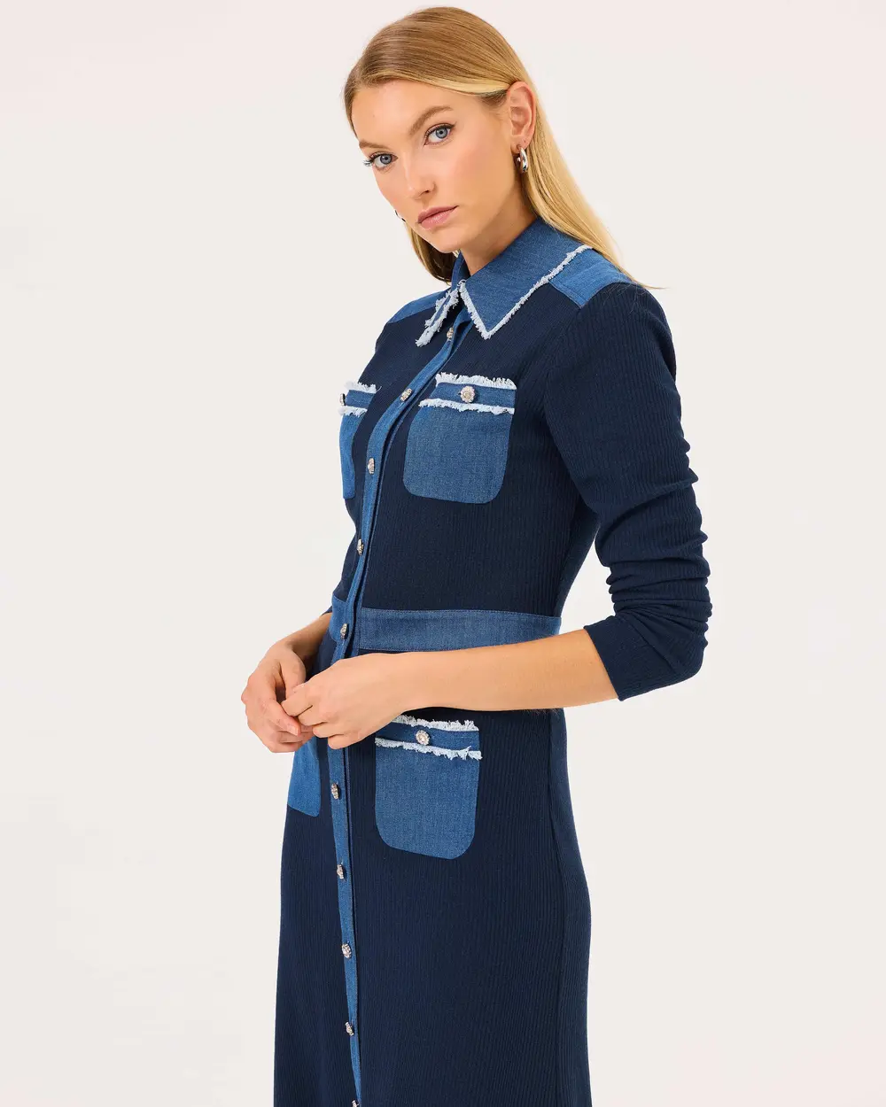 Double Fabric Shirt Collar Buttoned Dress