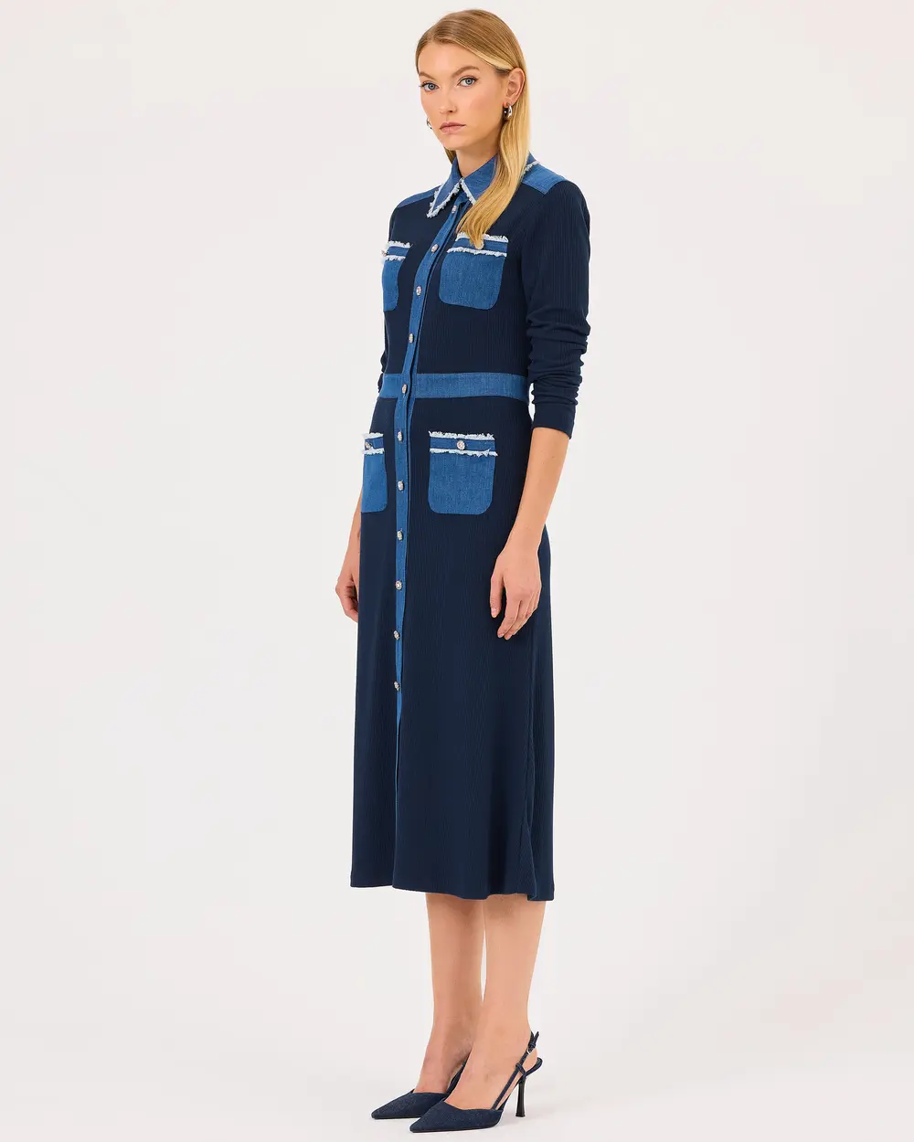 Double Fabric Shirt Collar Buttoned Dress