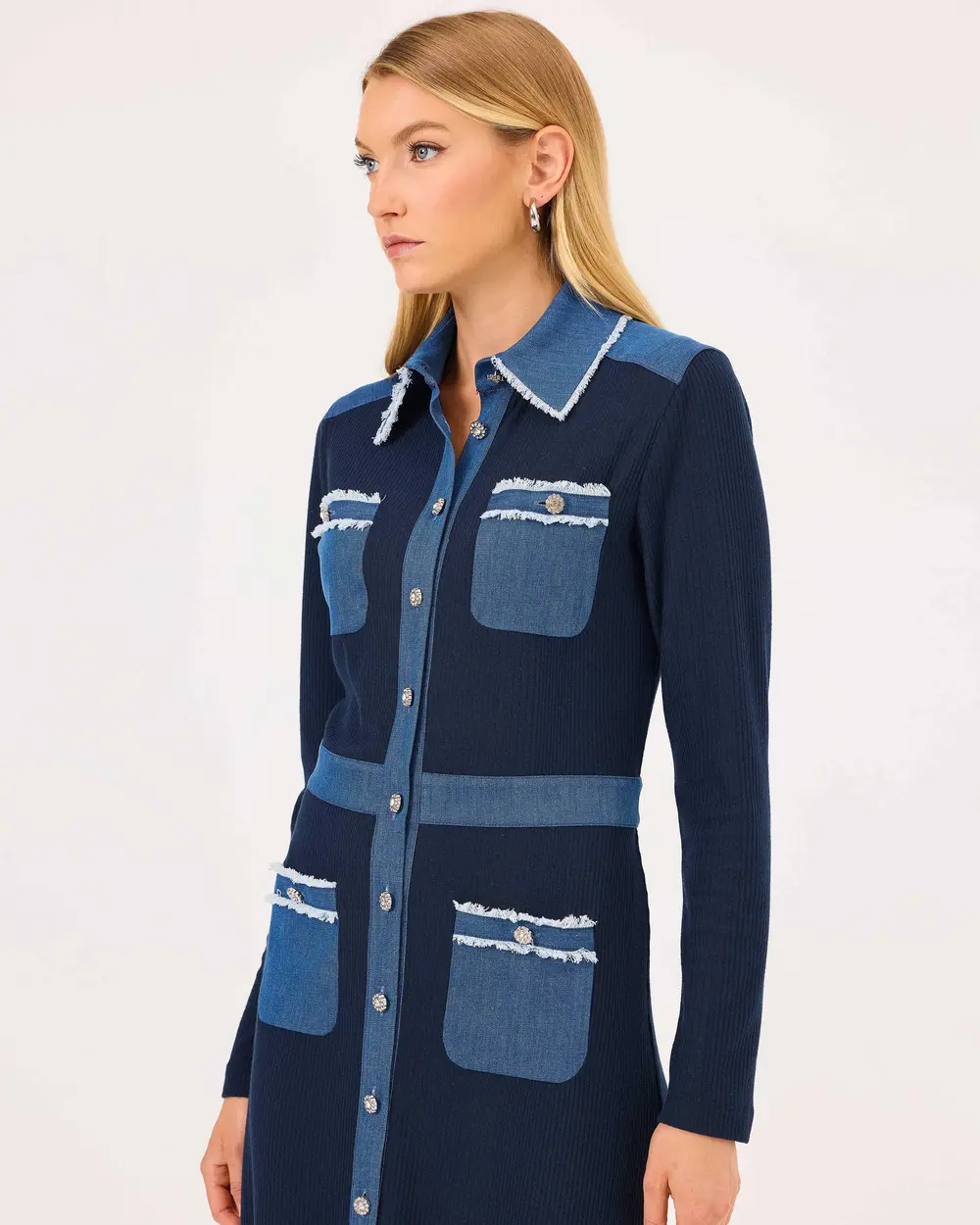 Double Fabric Shirt Collar Buttoned Dress