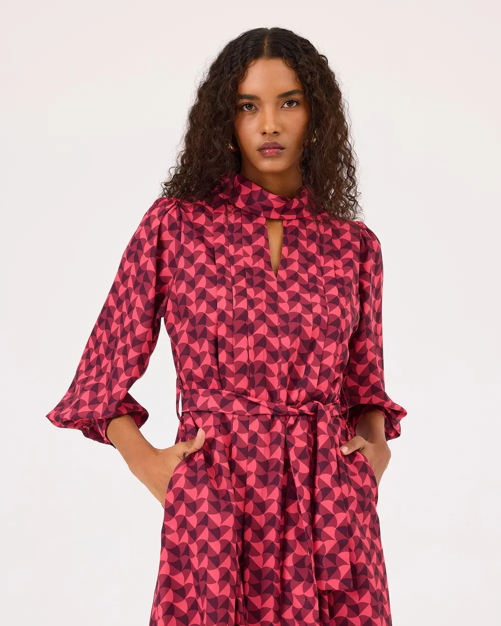 Geometric Patterned Window Detailed Belted Dress