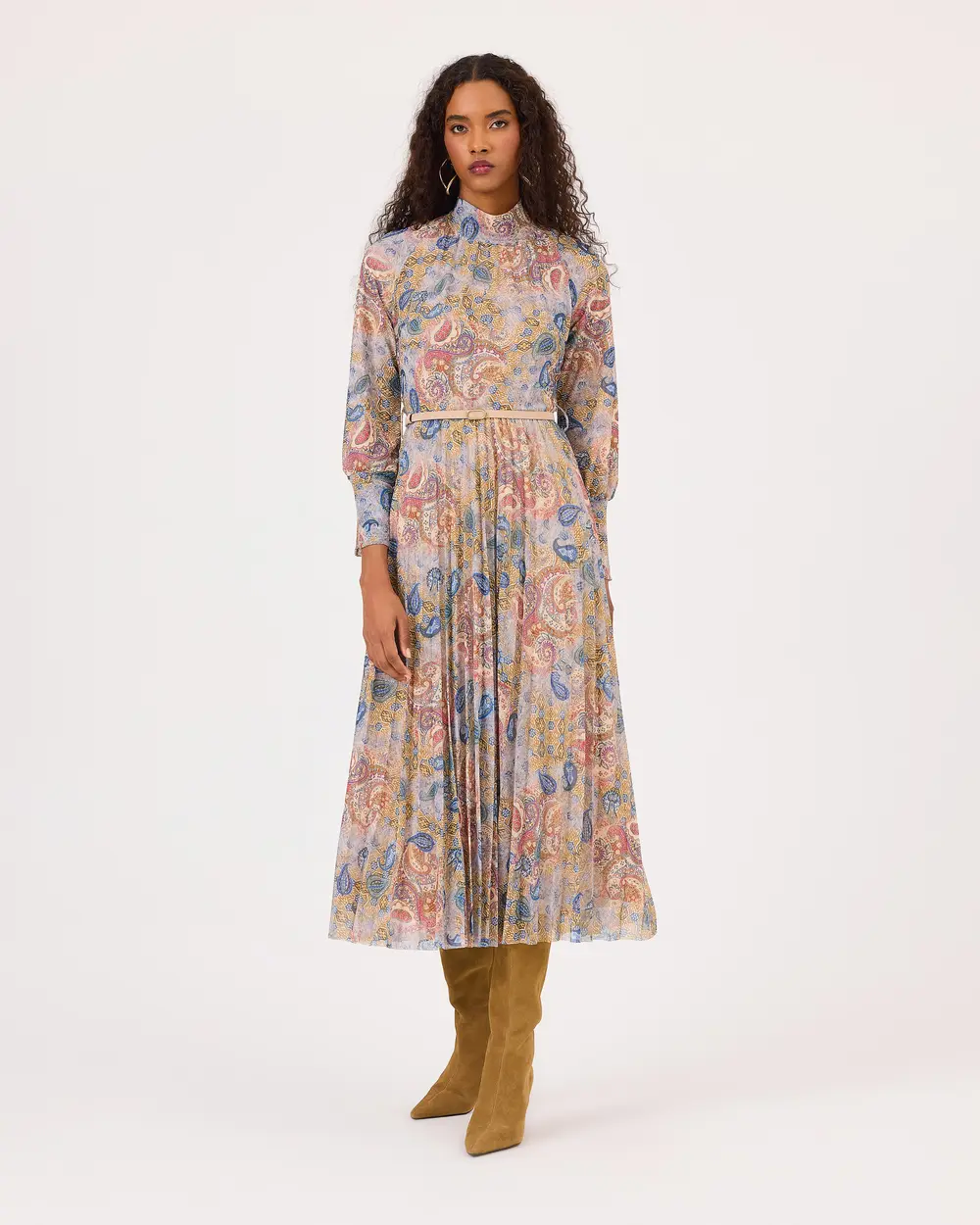 Midi Length Dress with Stand Collar Belt