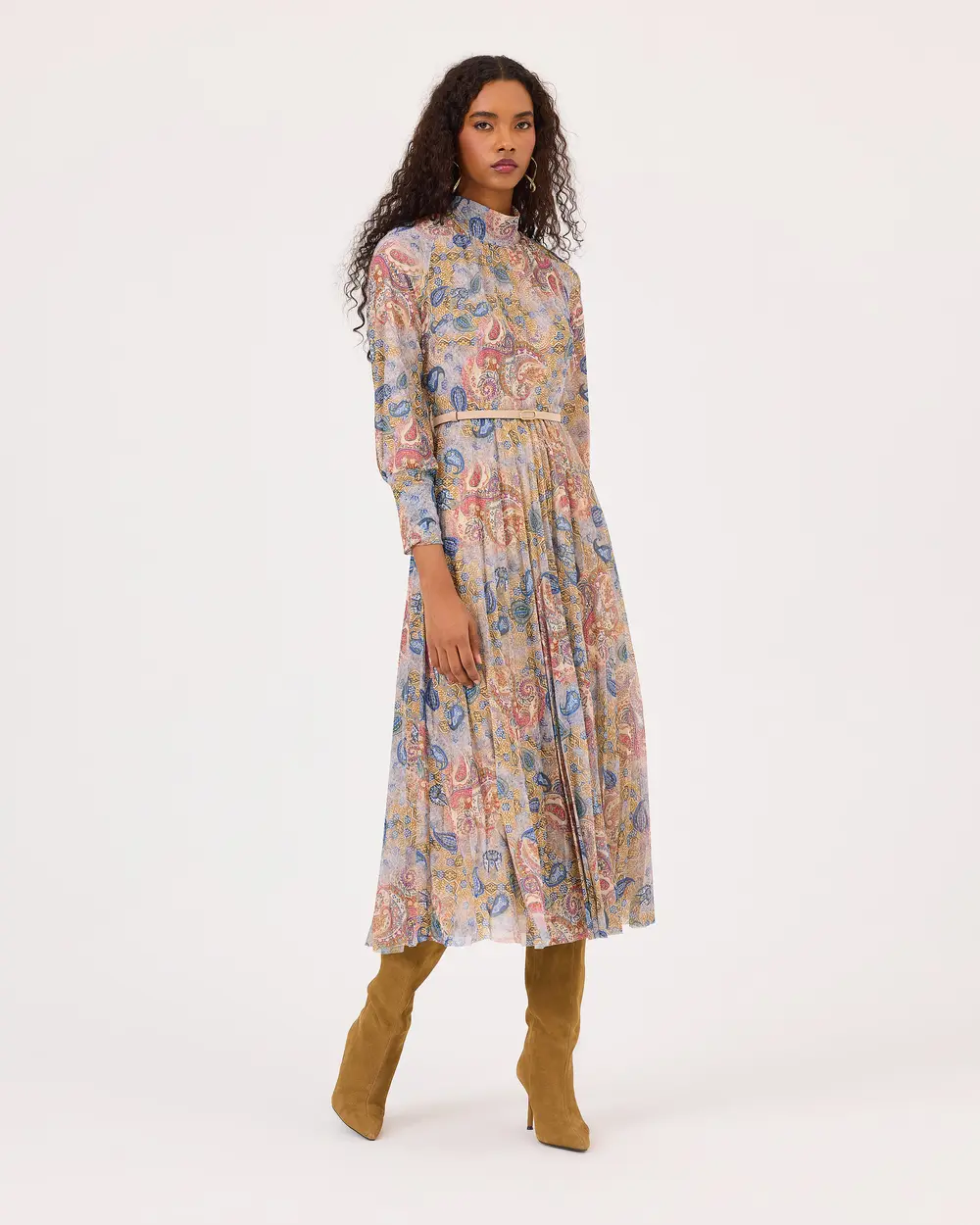 Midi Length Dress with Stand Collar Belt