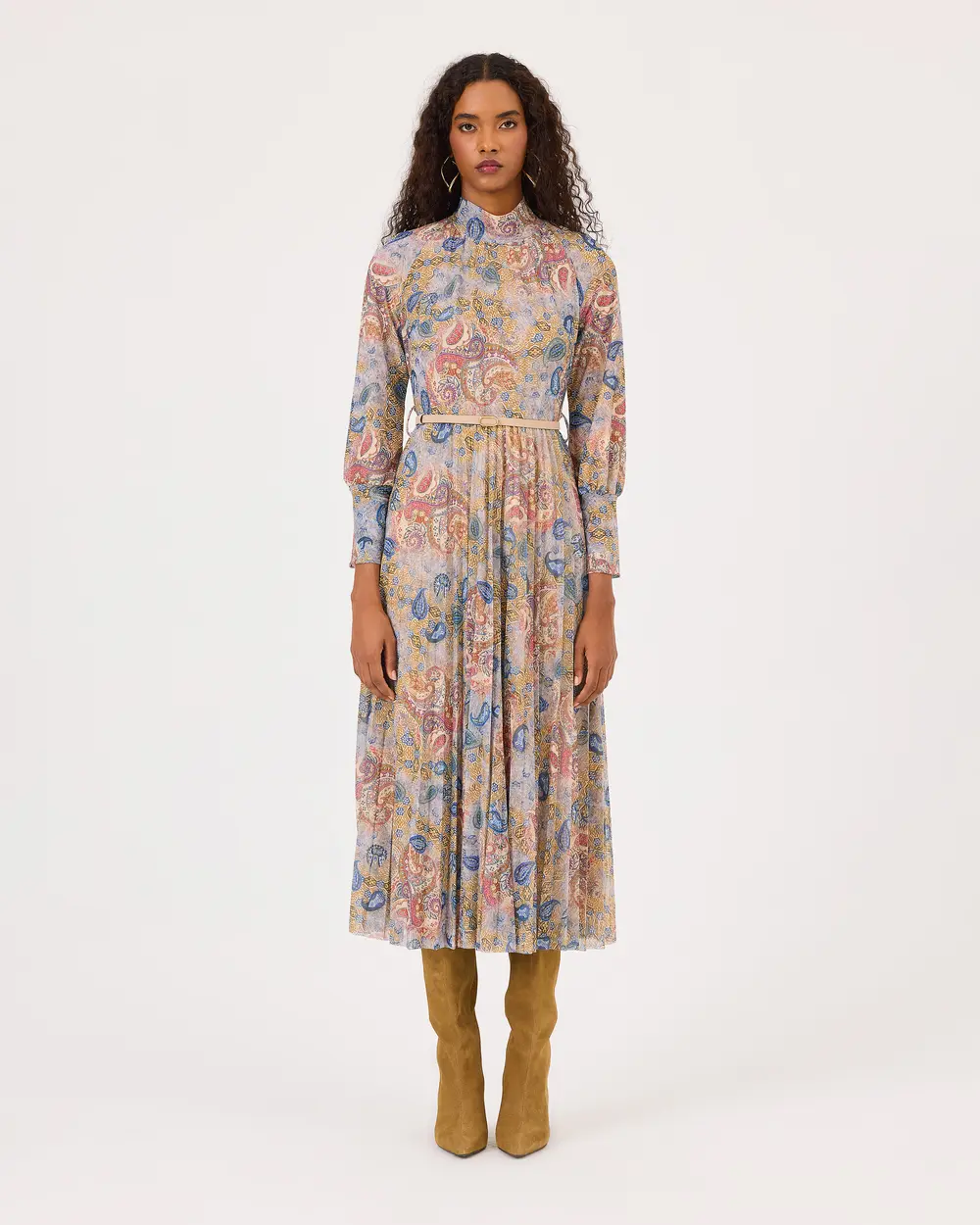 Midi Length Dress with Stand Collar Belt