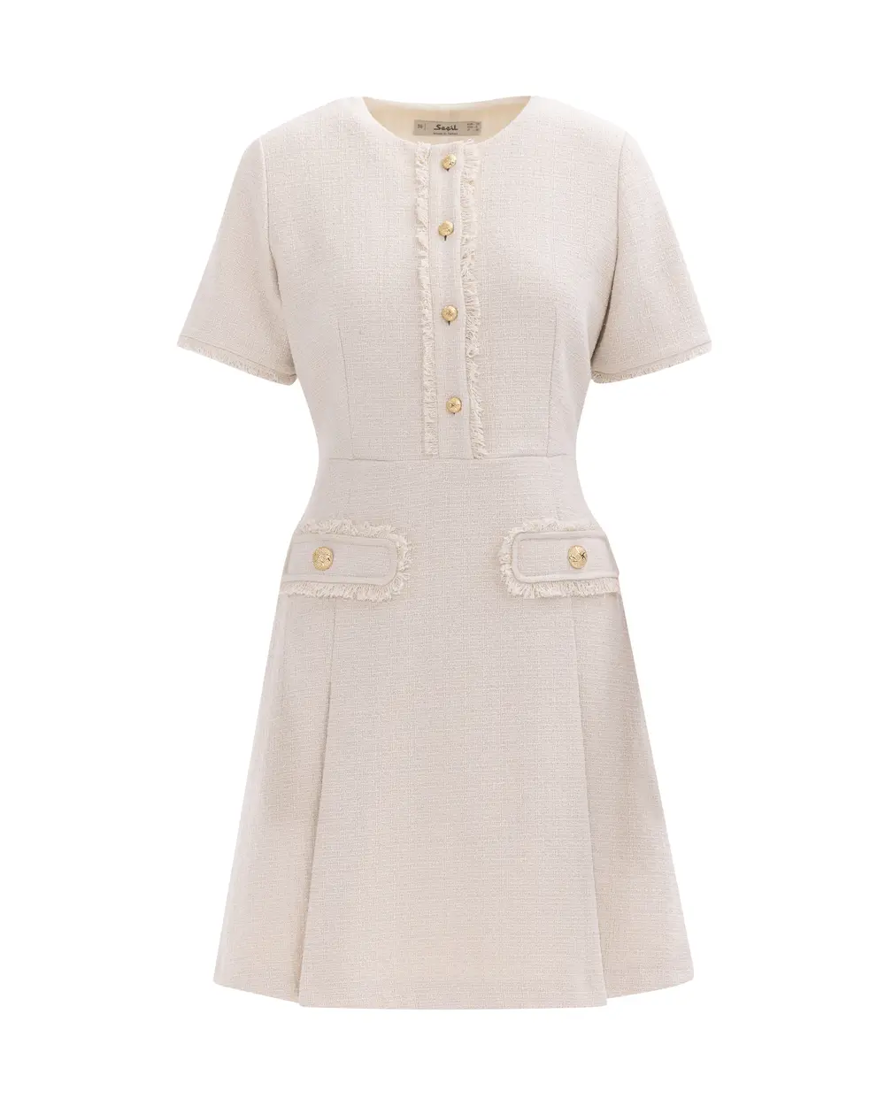 Pleated Short Sleeve Button Detailed Tweed Dress