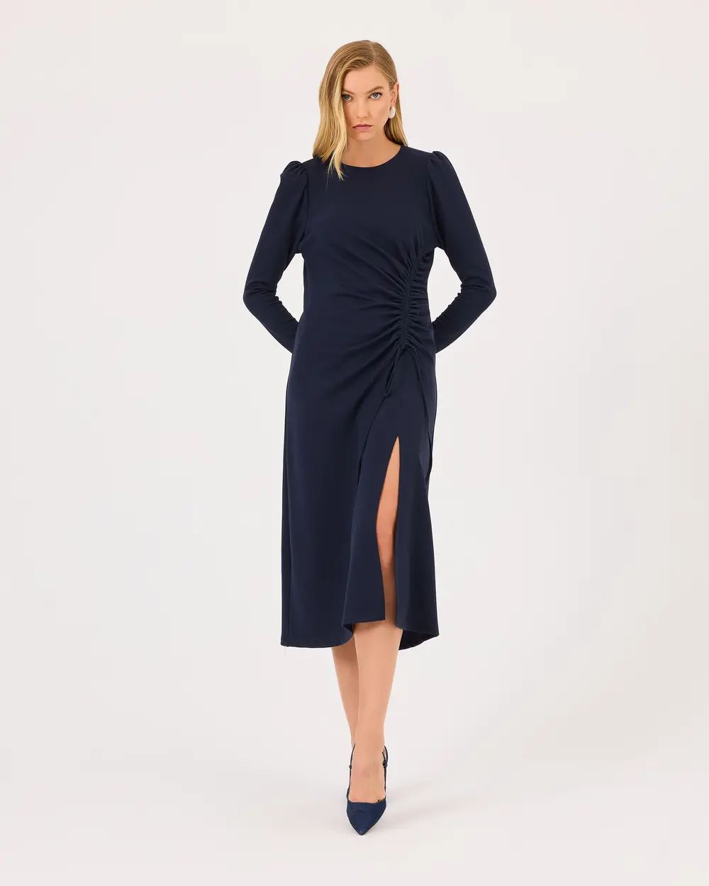 Midi Length Dress with Shirred Slit Detail