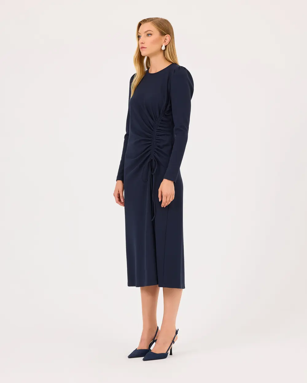 Midi Length Dress with Shirred Slit Detail