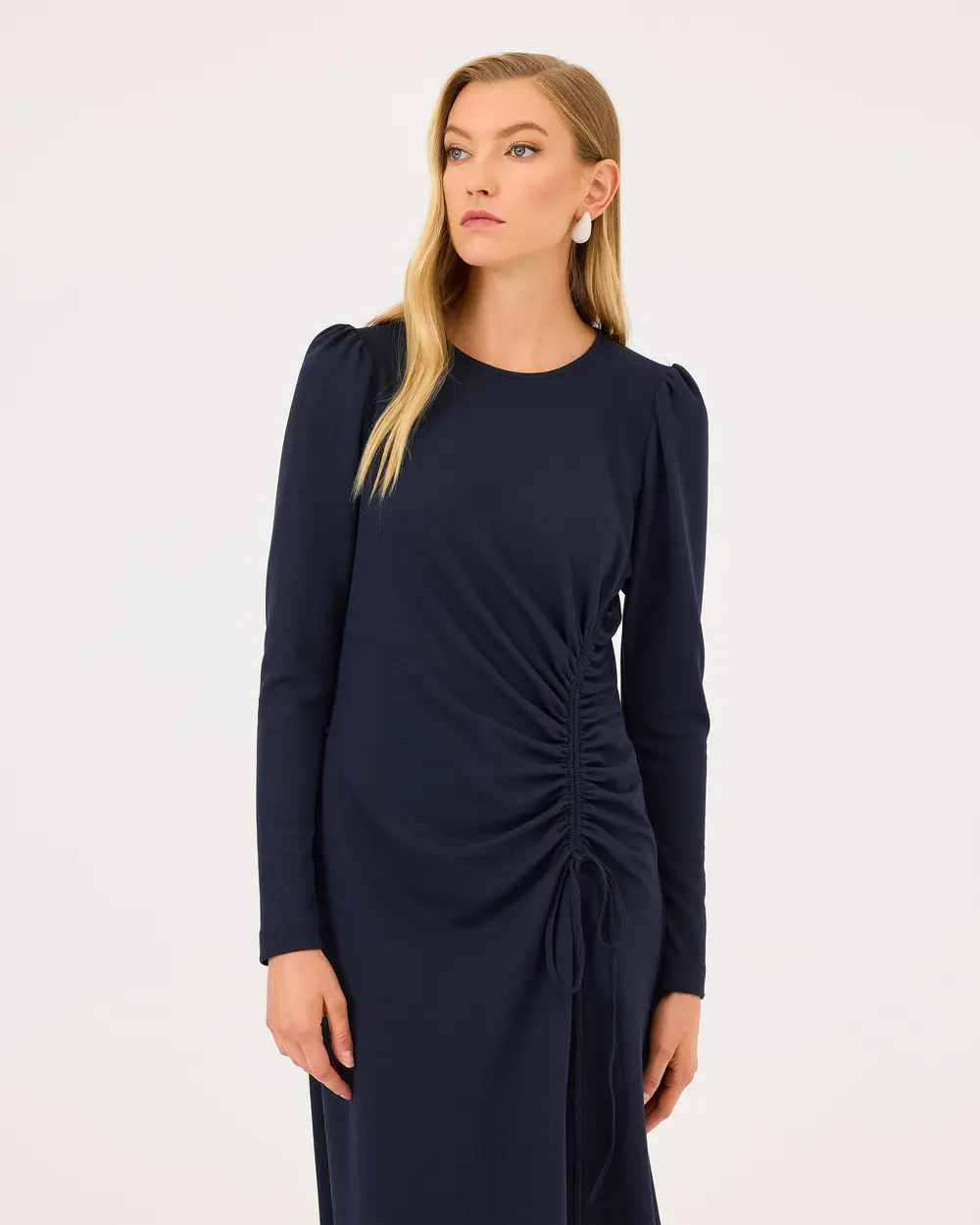 Midi Length Dress with Shirred Slit Detail