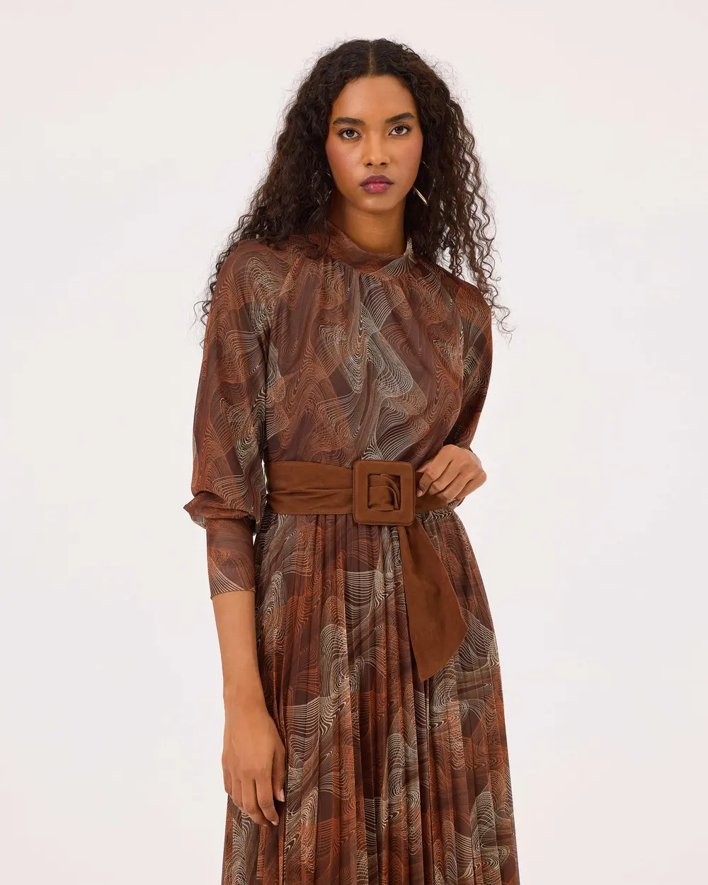 Patterned Pleated Belt Detailed Dress