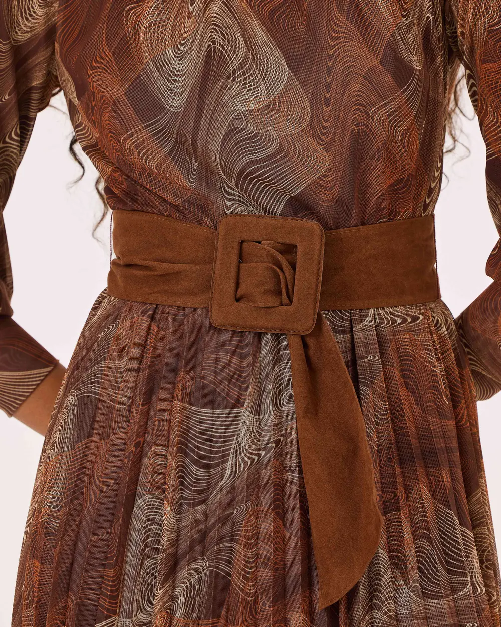 Patterned Pleated Belt Detailed Dress