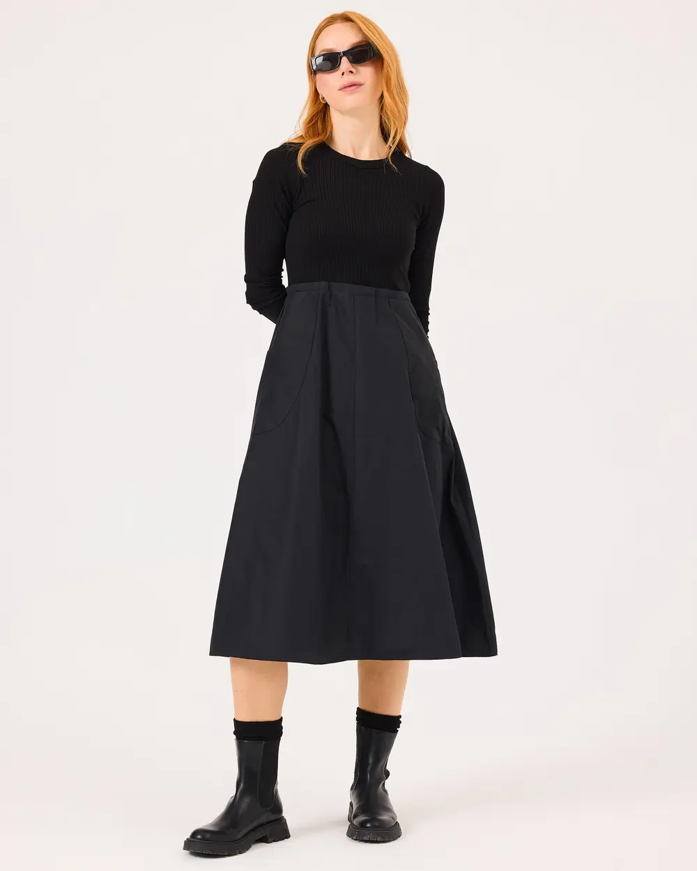 Double Fabric Long Sleeve Dress with Pockets