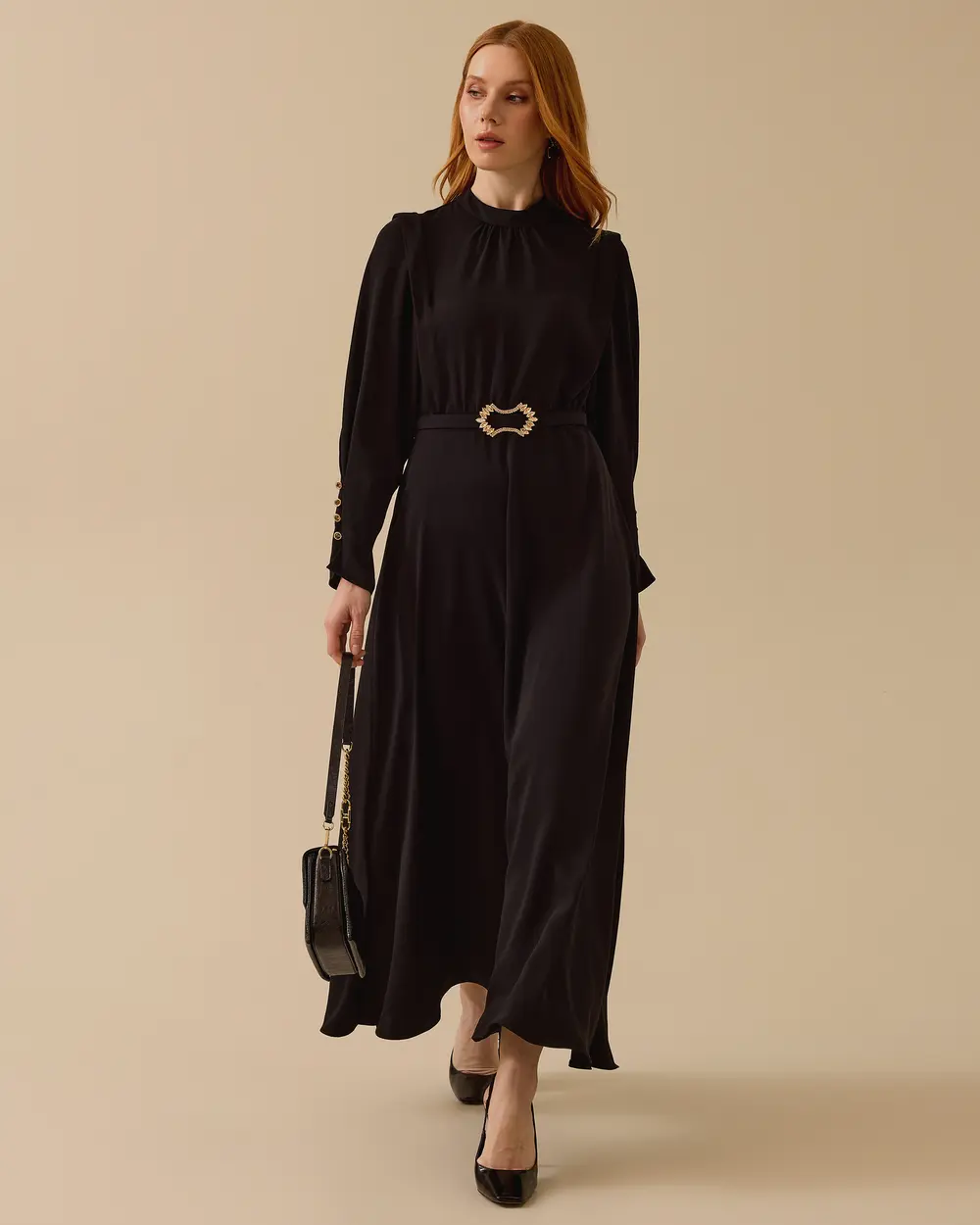 Zero Neck Belted Dress