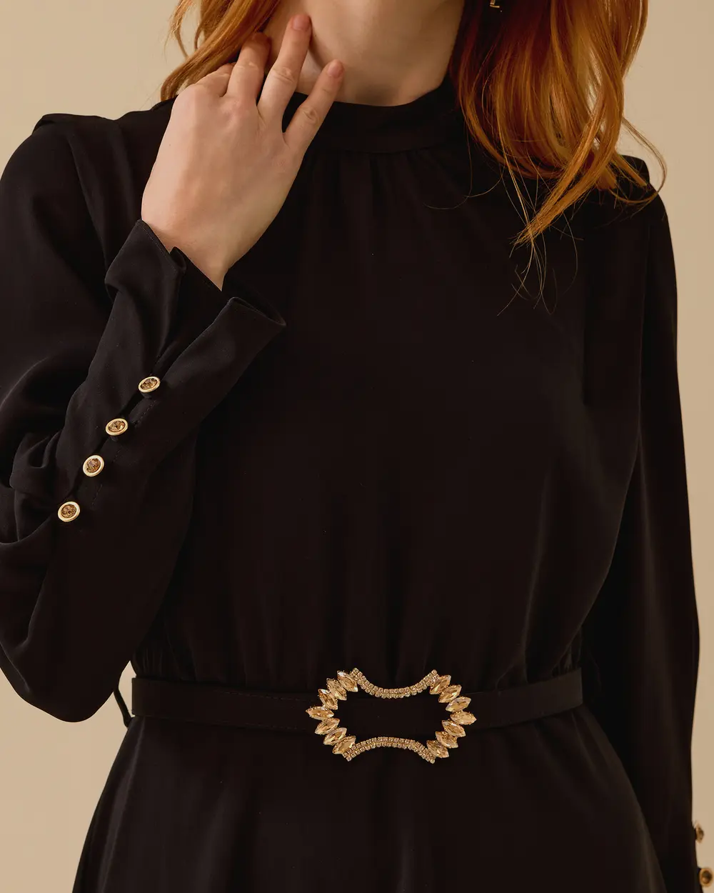 Zero Neck Belted Dress