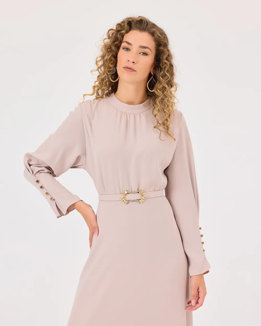 Zero Neck Belted Dress