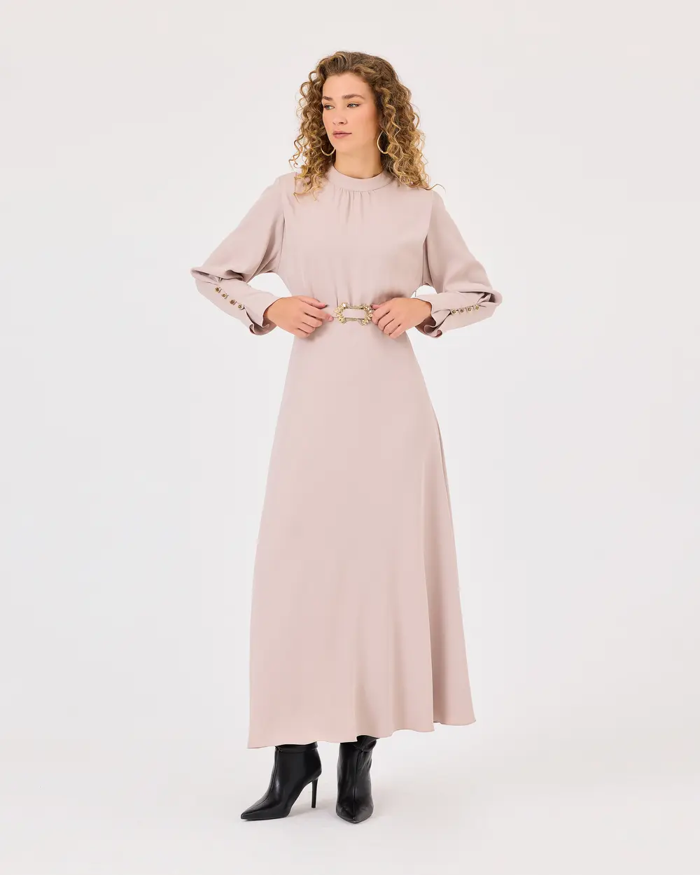 Zero Neck Belted Dress