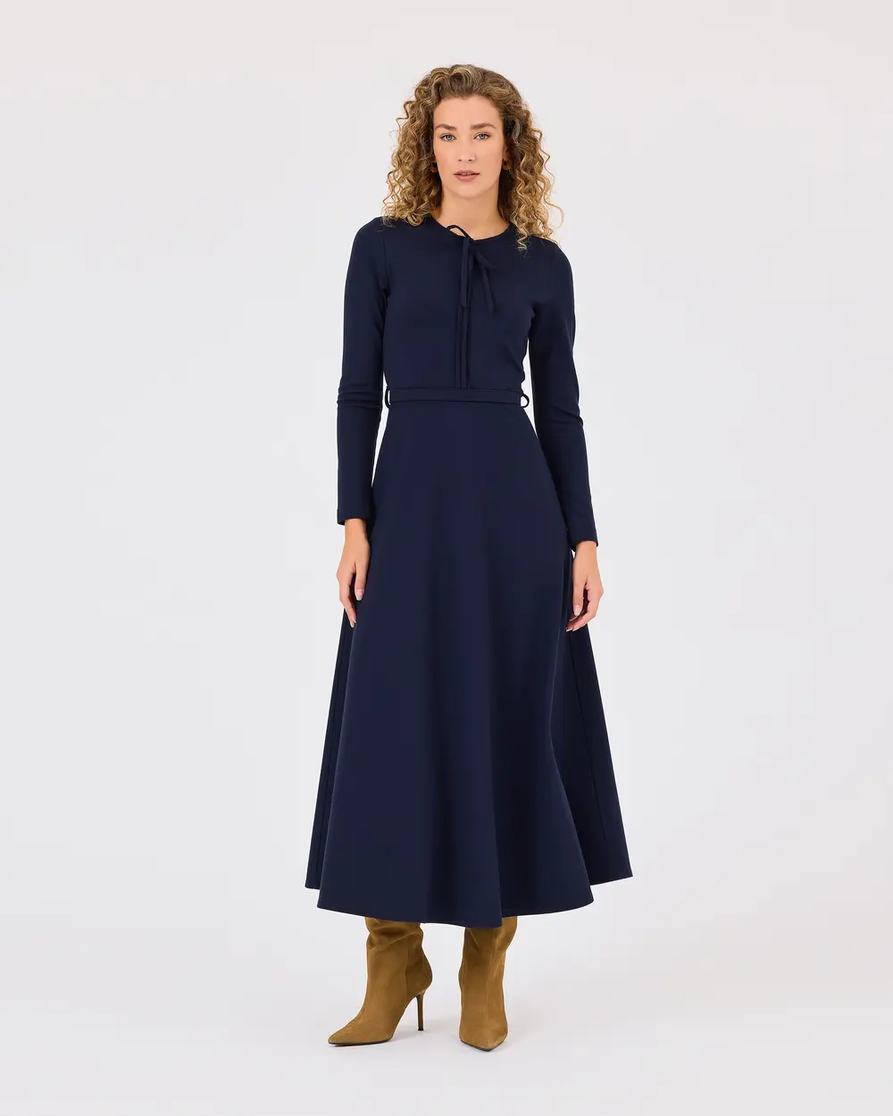 Zero Neck Belted Dress