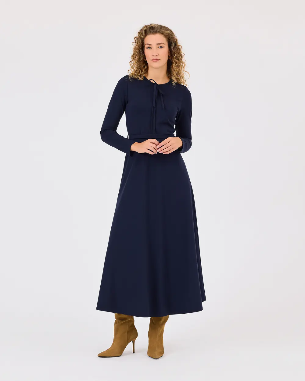 Zero Neck Belted Dress