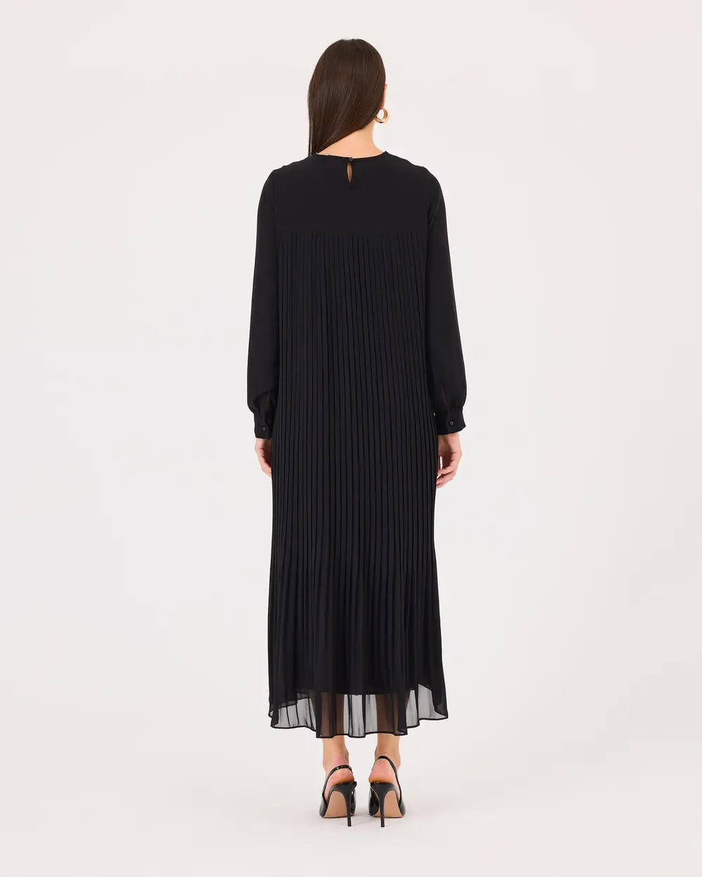 Round Neck Pleated Long Sleeve Dress