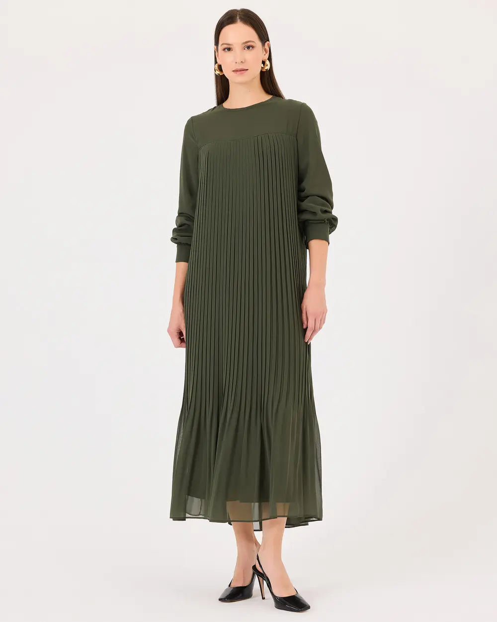 Round Neck Pleated Long Sleeve Dress