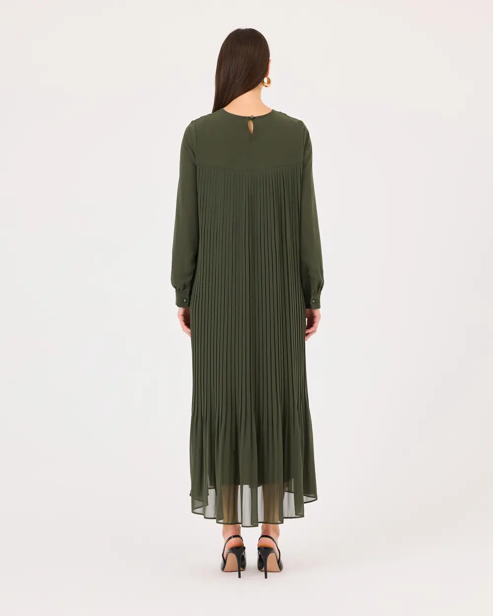 Round Neck Pleated Long Sleeve Dress