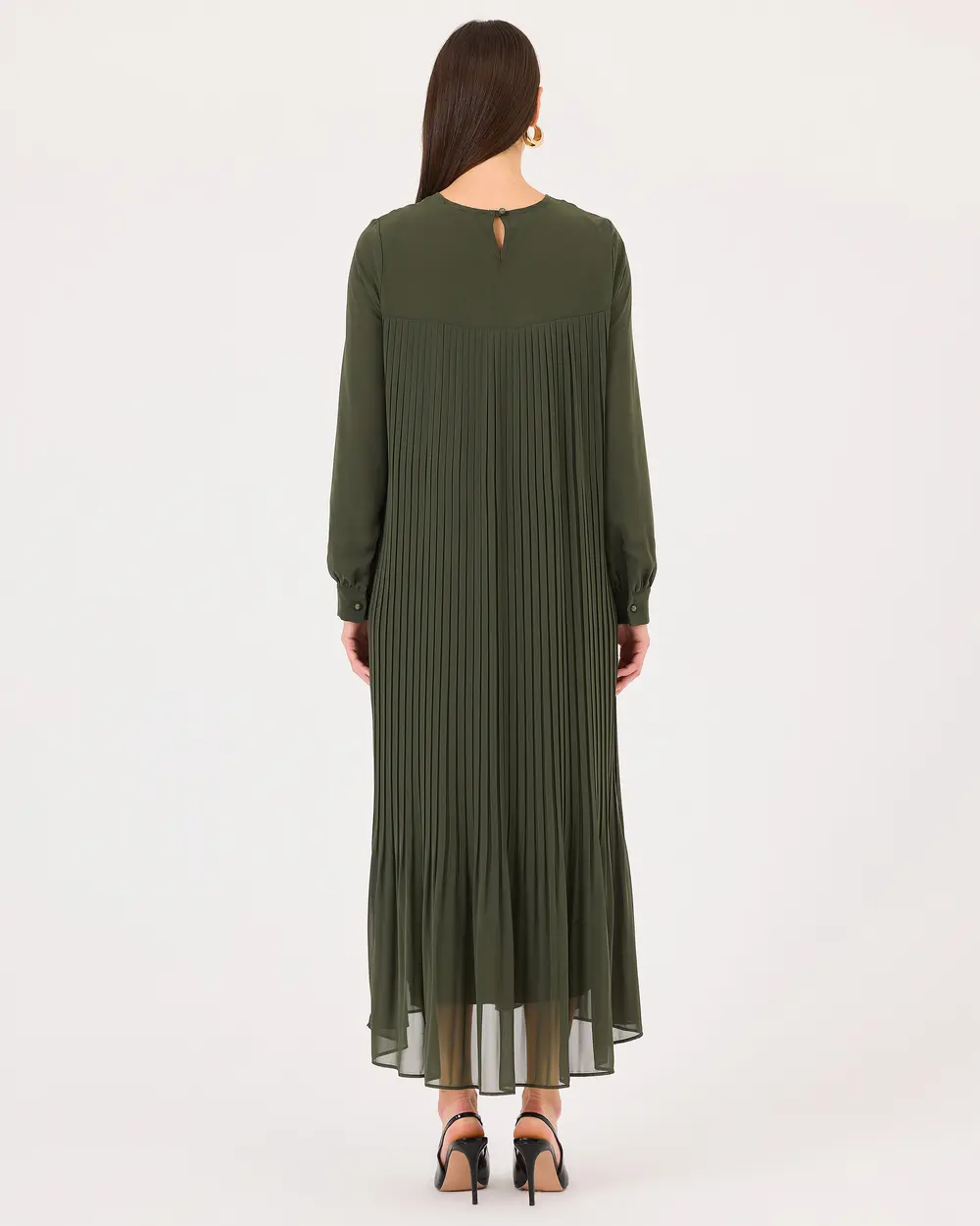 Round Neck Pleated Long Sleeve Dress