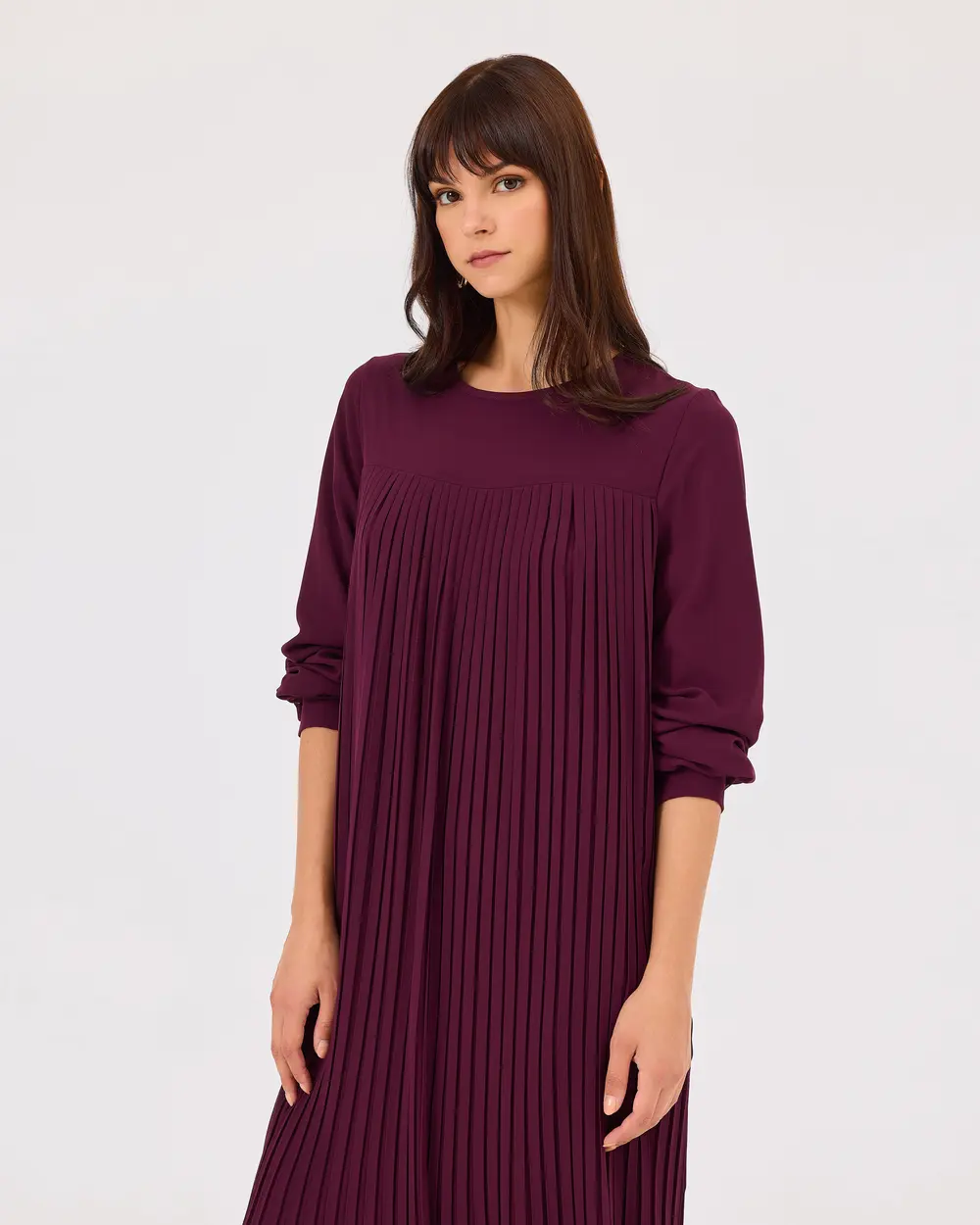 Round Neck Pleated Long Sleeve Dress