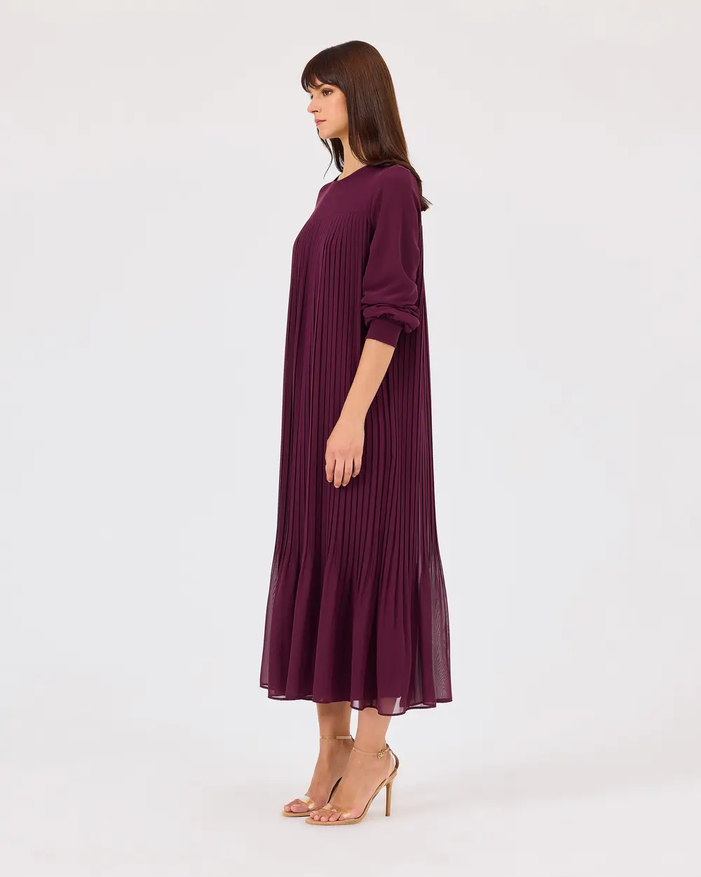 Round Neck Pleated Long Sleeve Dress