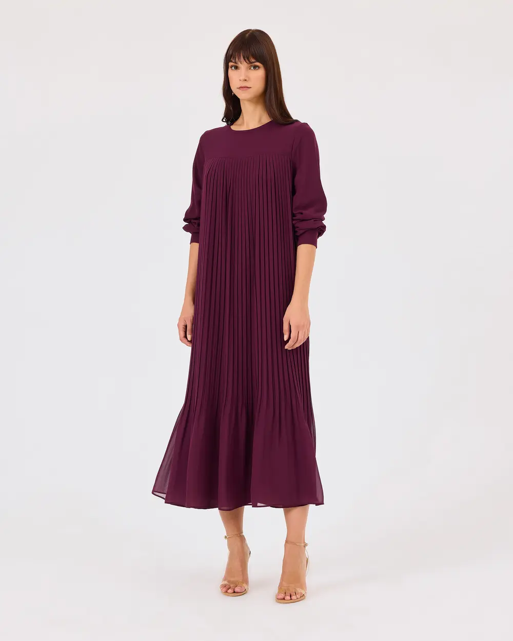 Round Neck Pleated Long Sleeve Dress