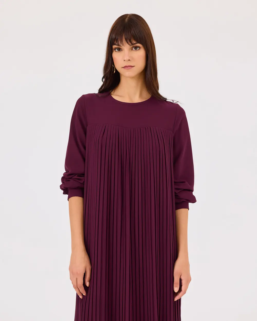 Round Neck Pleated Long Sleeve Dress