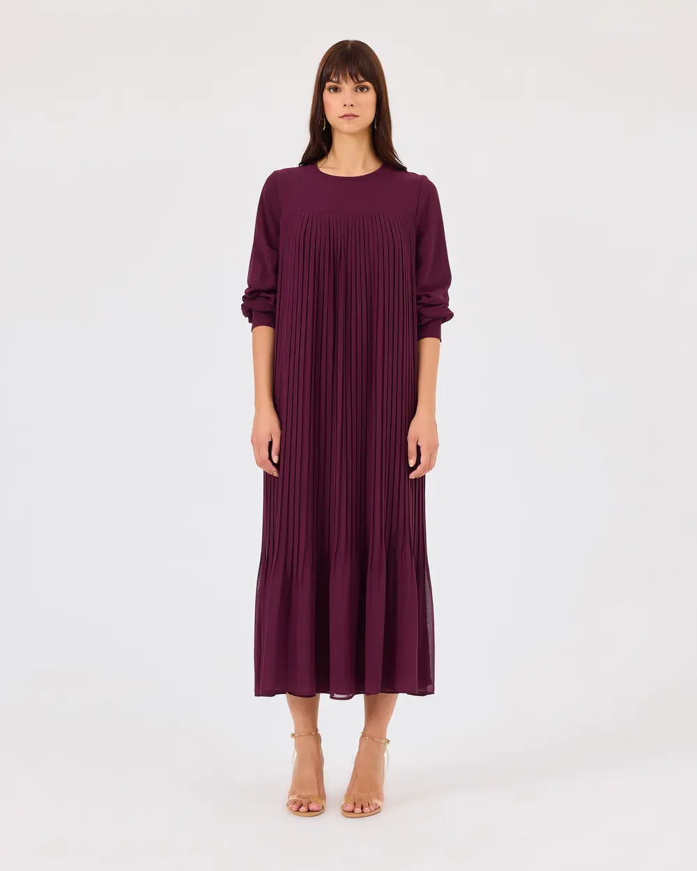 Round Neck Pleated Long Sleeve Dress