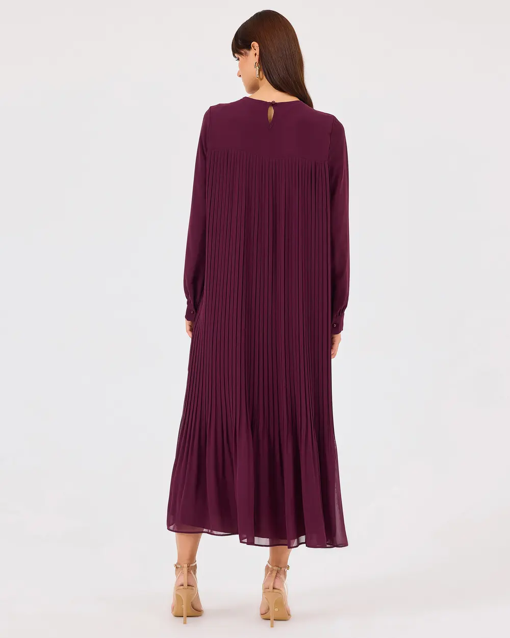 Round Neck Pleated Long Sleeve Dress