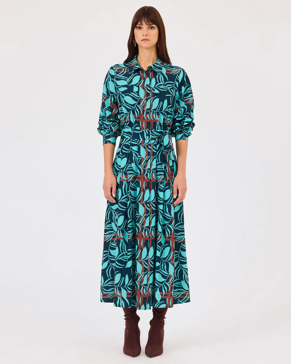 Patterned Buttoned Dress with Waist Ties