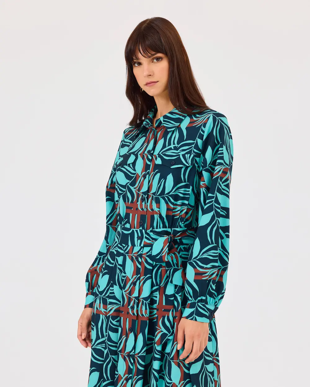 Patterned Buttoned Dress with Waist Ties