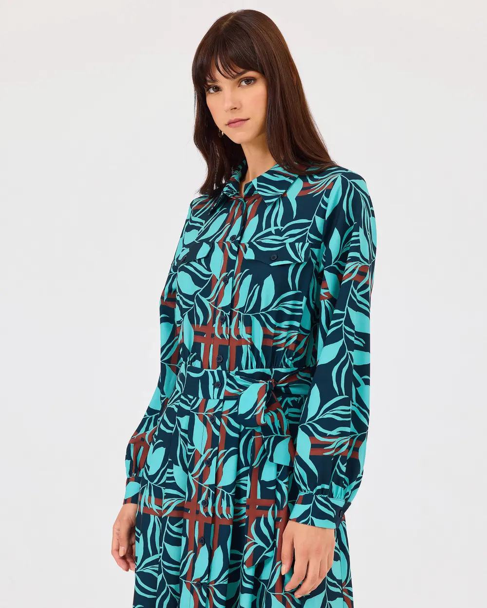 Patterned Buttoned Dress with Waist Ties