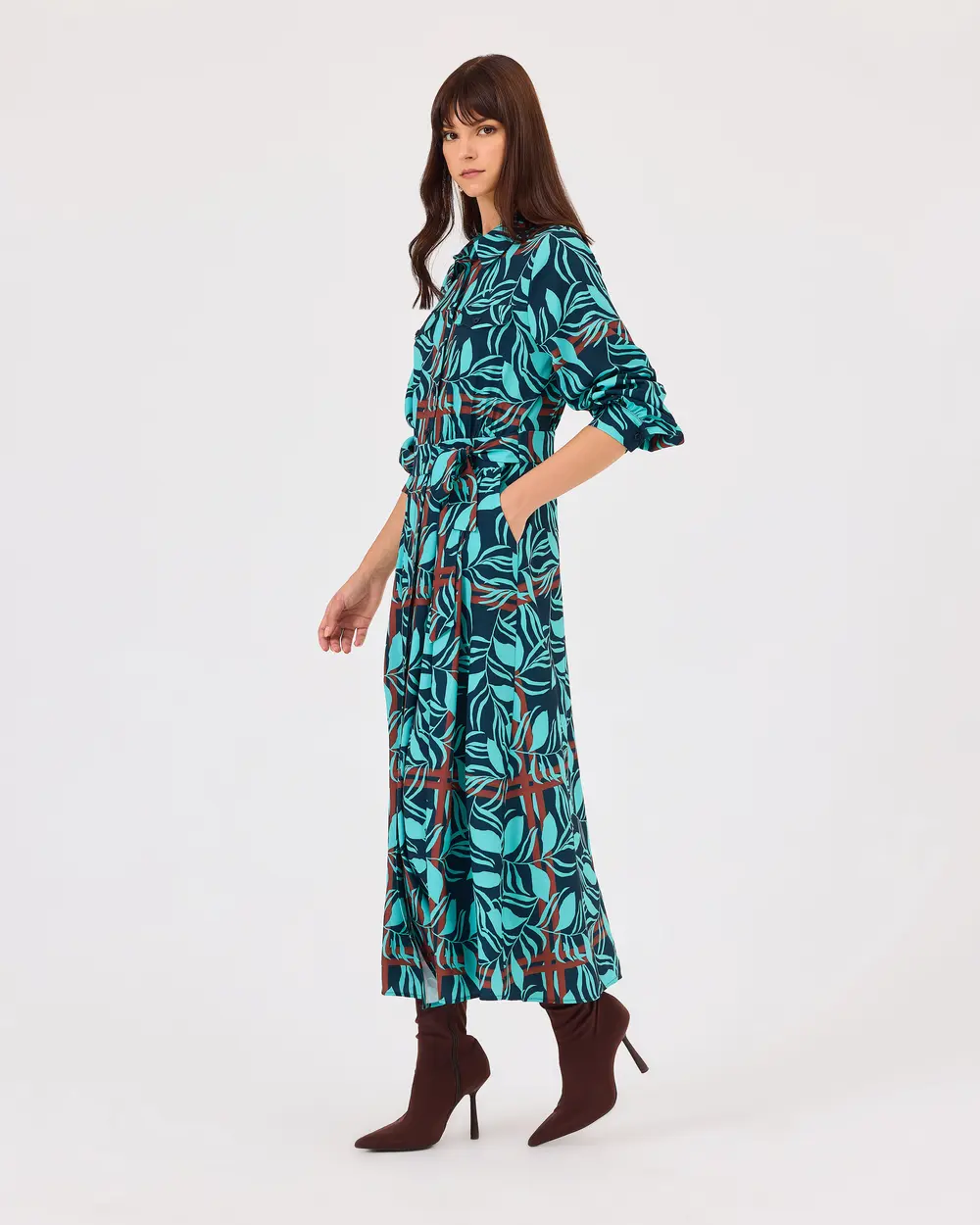 Patterned Buttoned Dress with Waist Ties