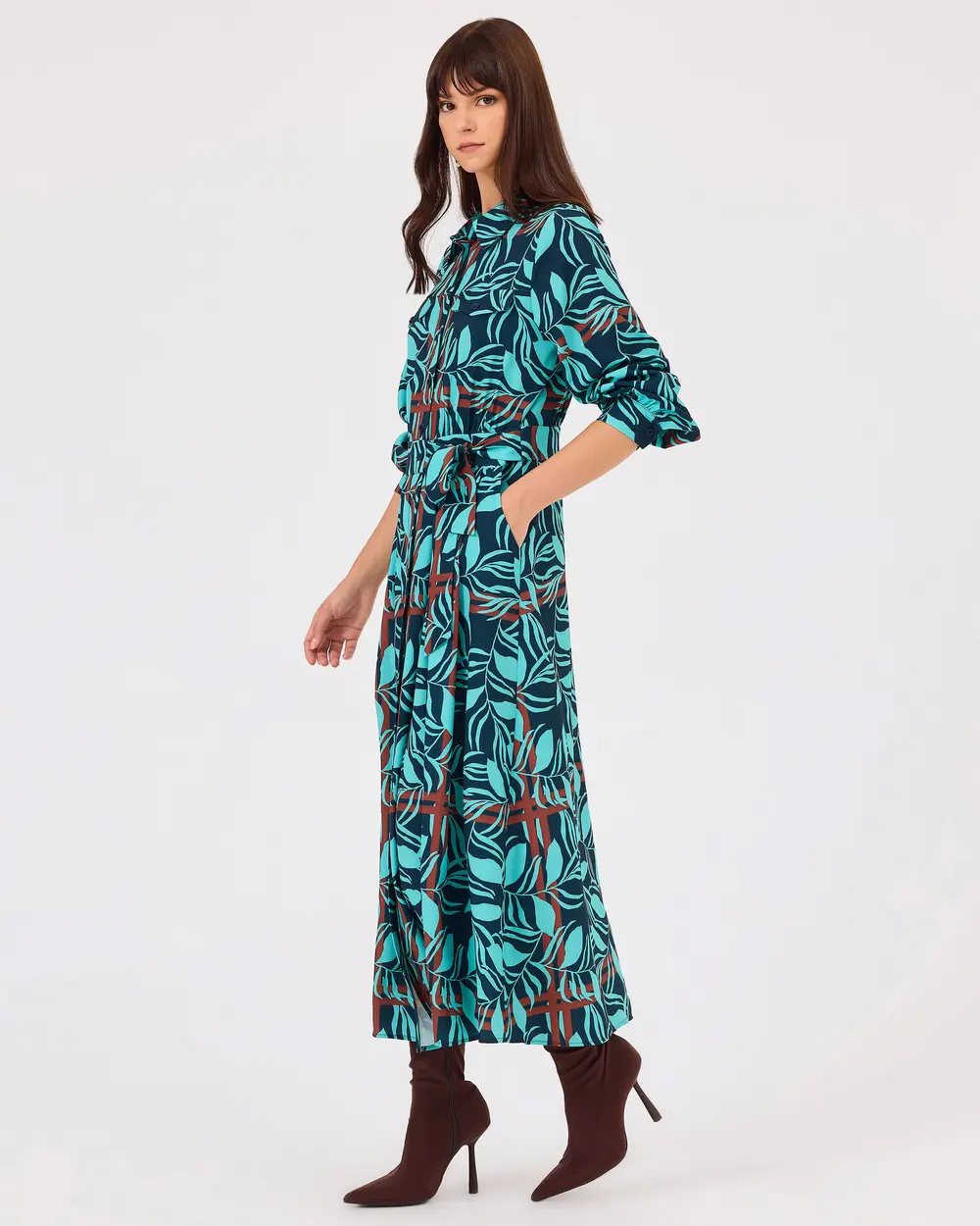 Patterned Buttoned Dress with Waist Ties