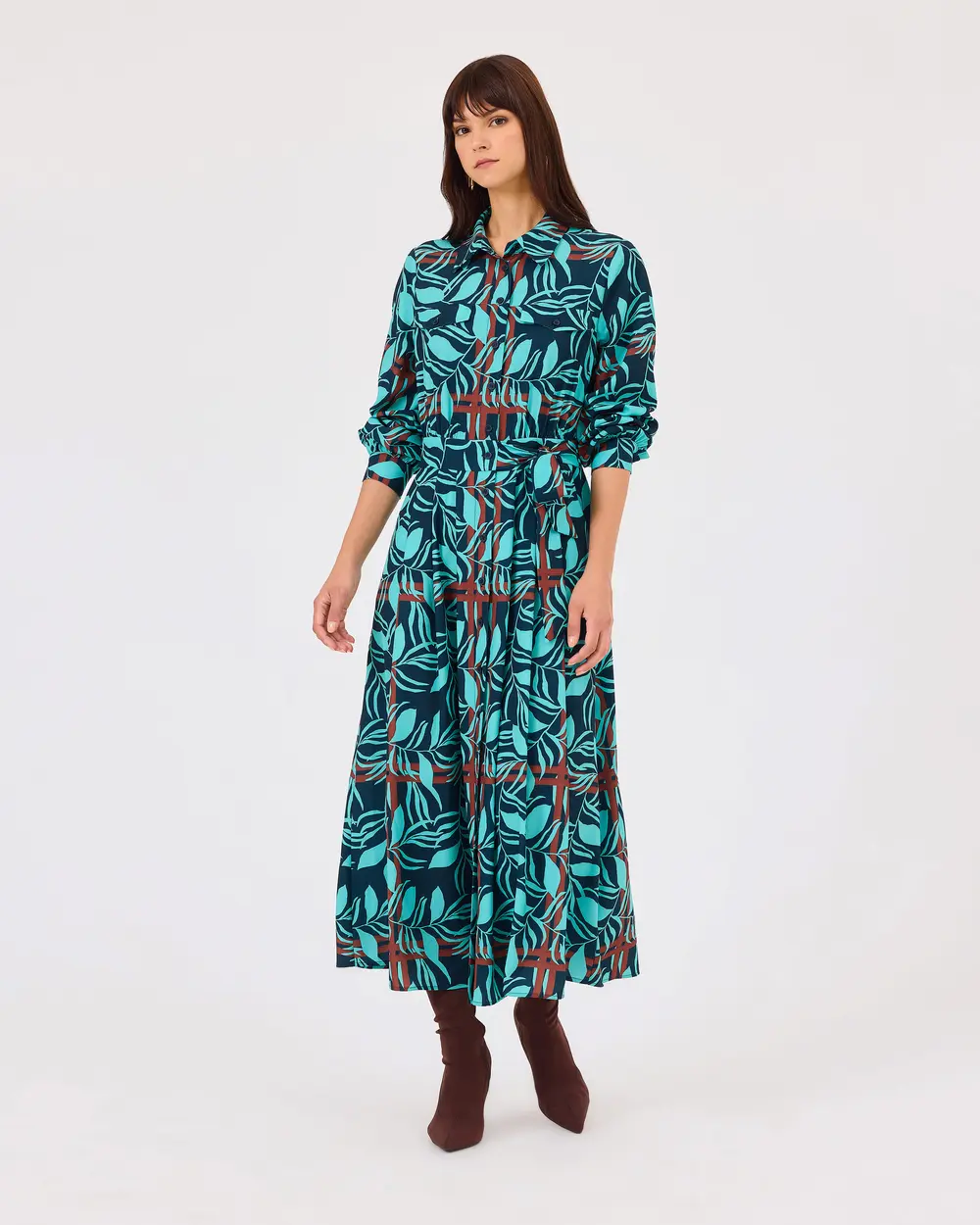 Patterned Buttoned Dress with Waist Ties