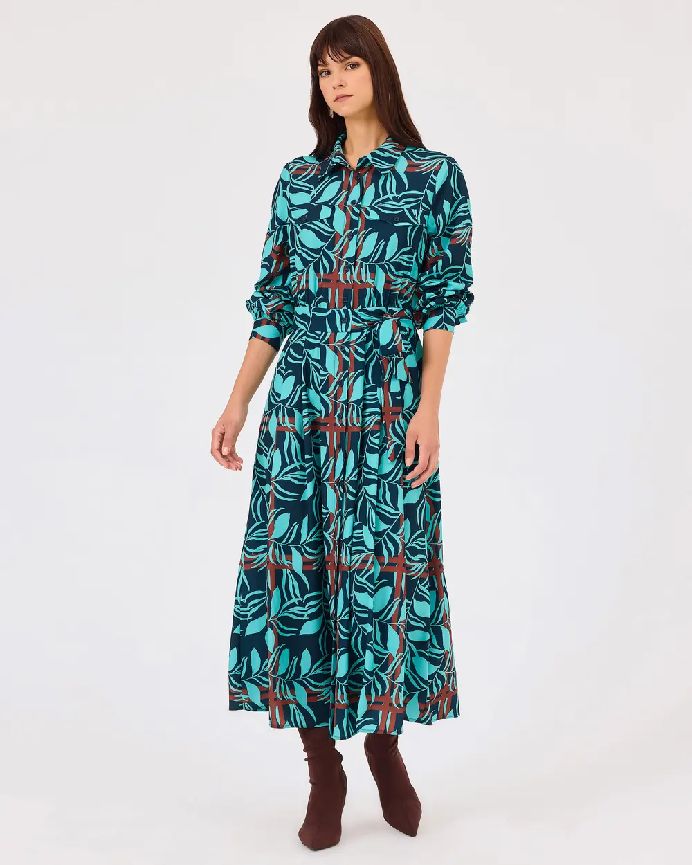 Patterned Buttoned Dress with Waist Ties