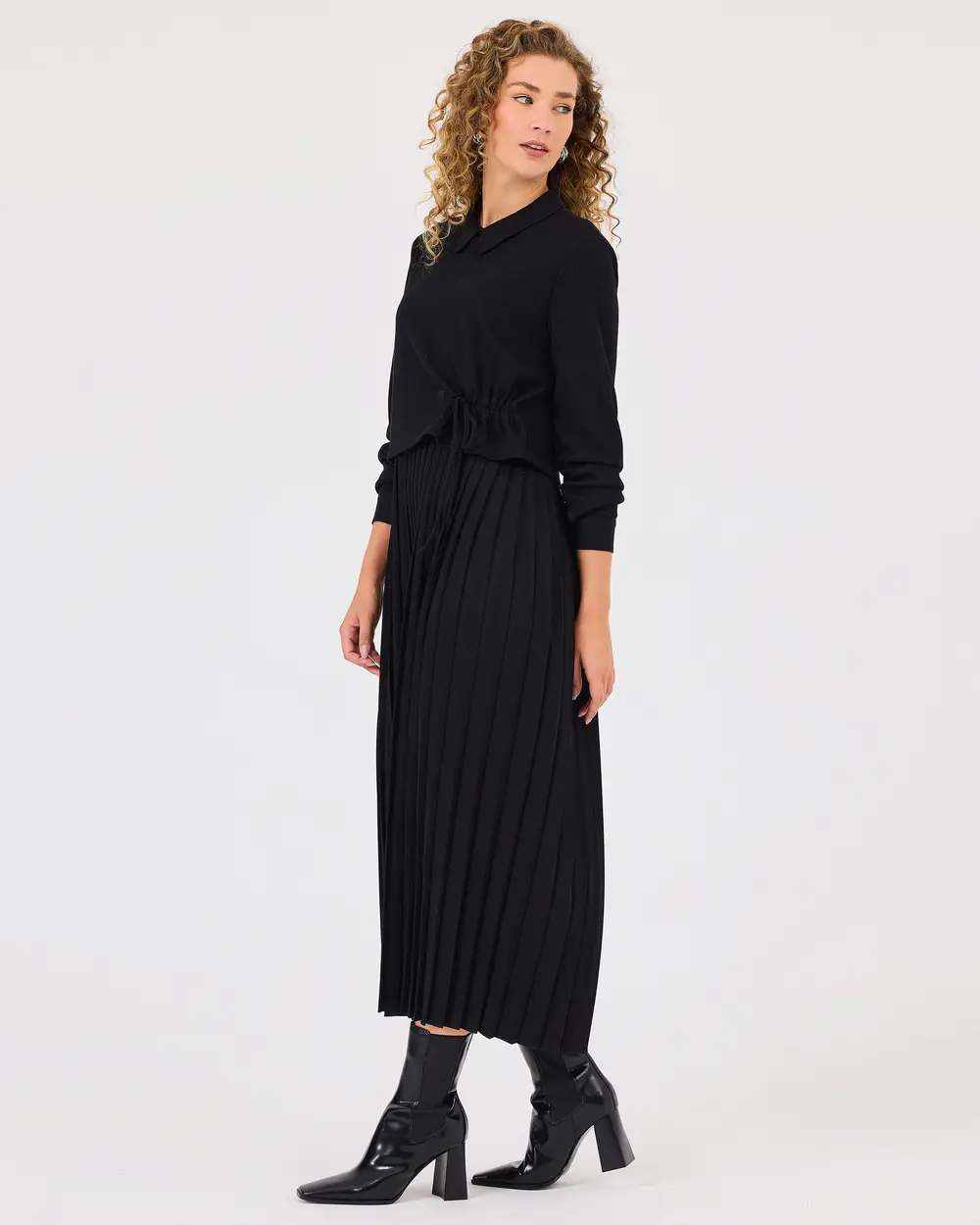 Pleated Dress with Shirred Waist