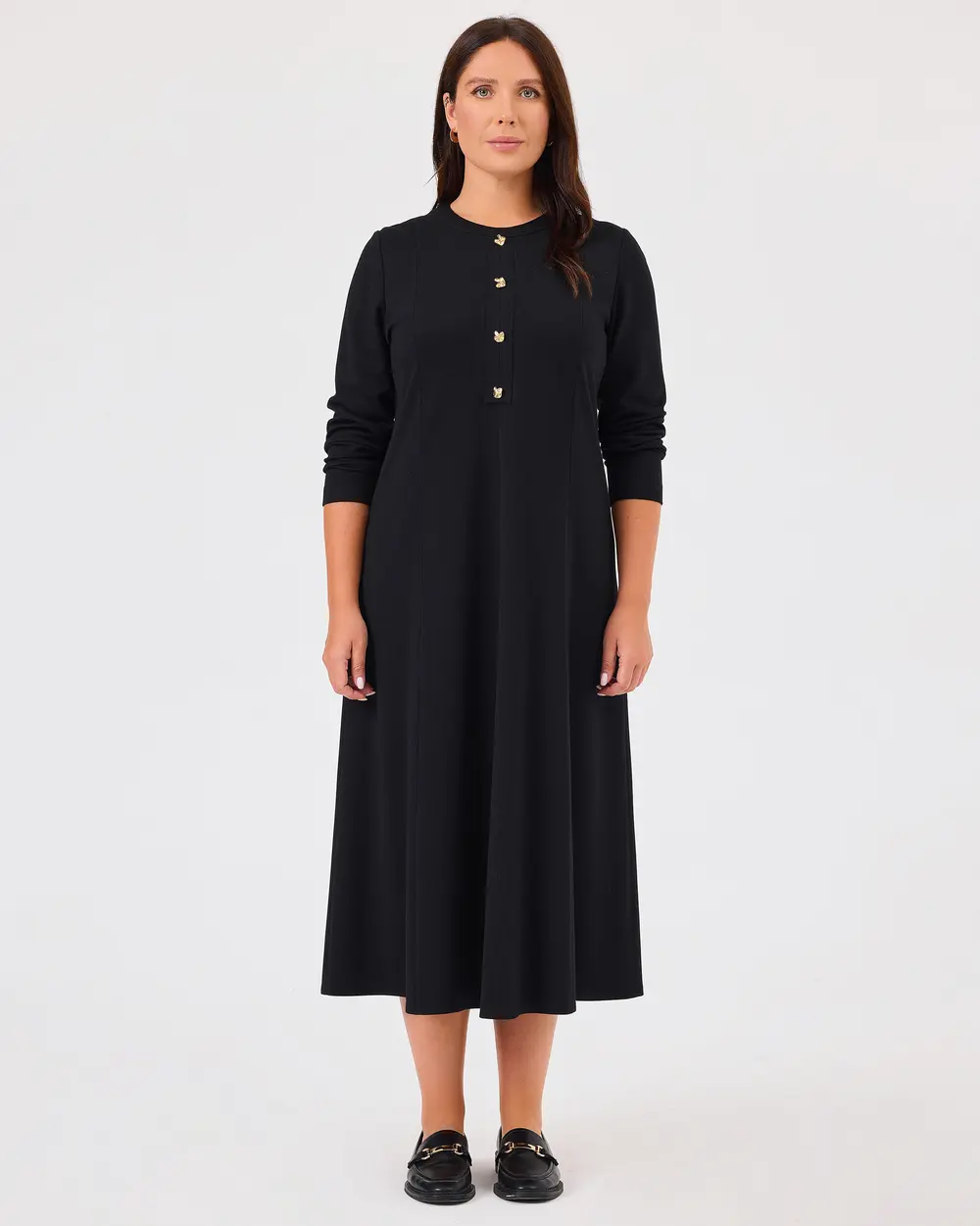 Plus Size Button Detailed Long Sleeve Dress