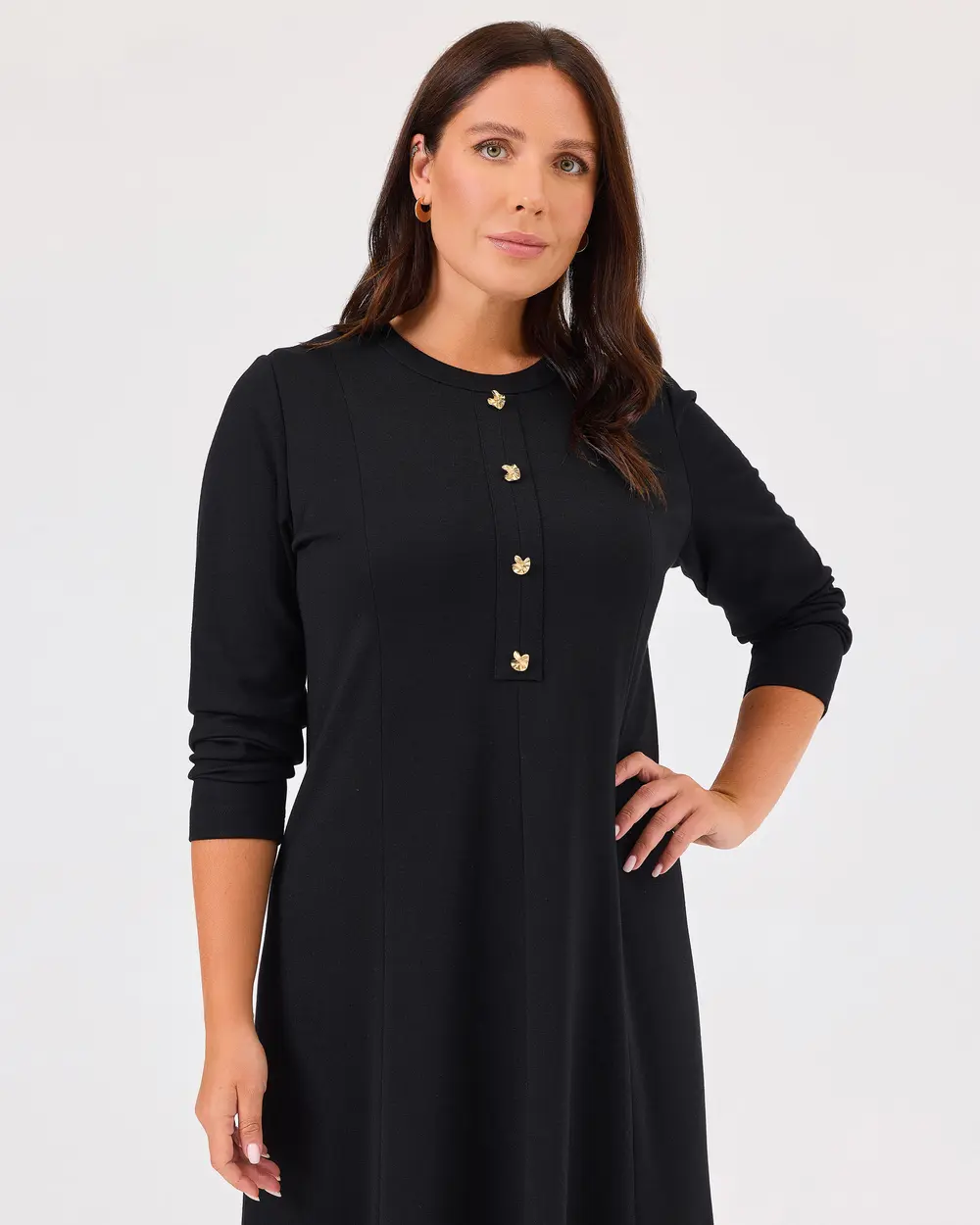 Plus Size Button Detailed Long Sleeve Dress