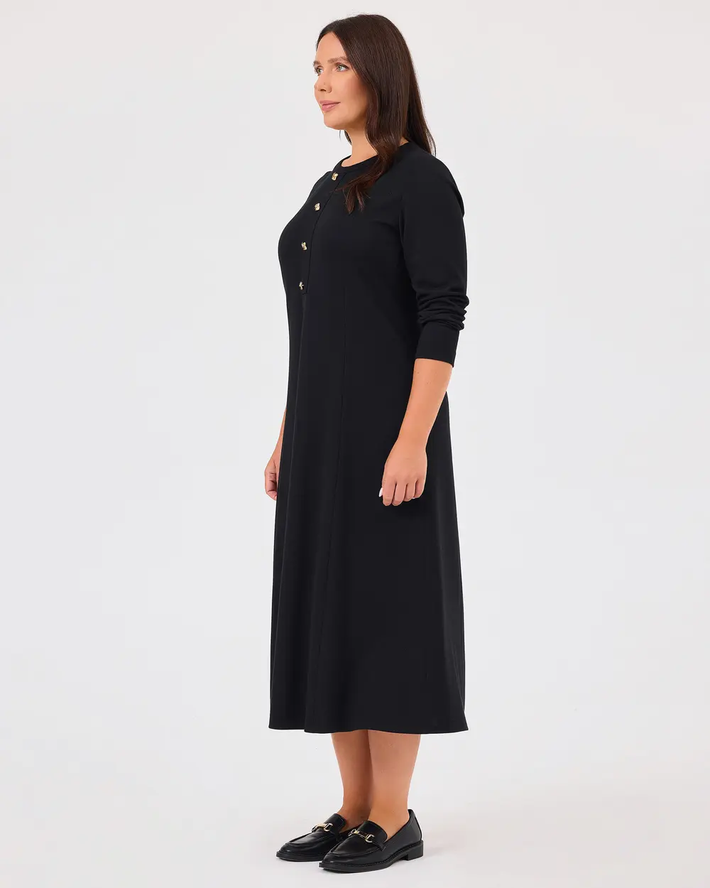 Plus Size Button Detailed Long Sleeve Dress