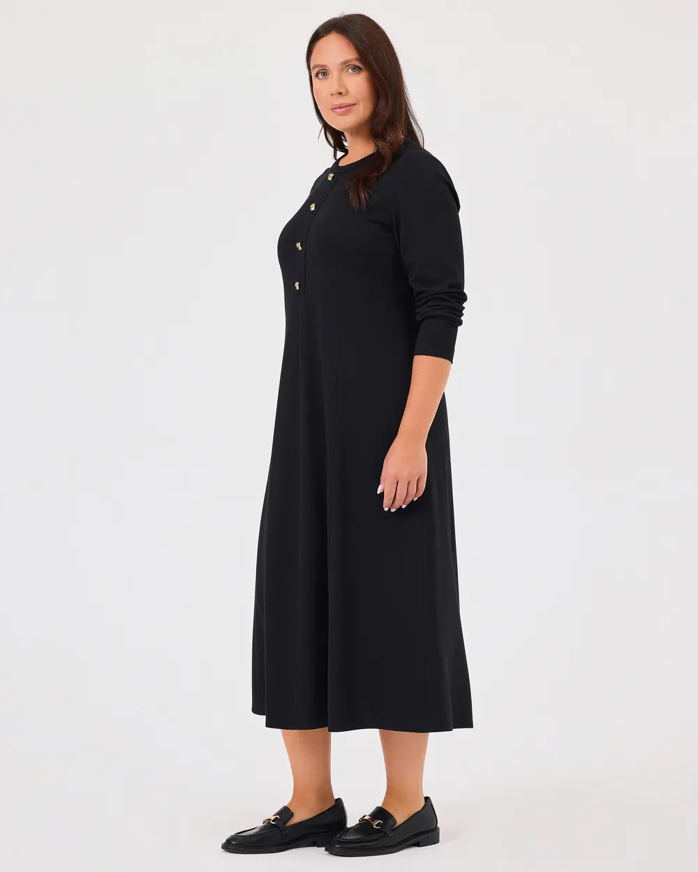 Plus Size Button Detailed Long Sleeve Dress