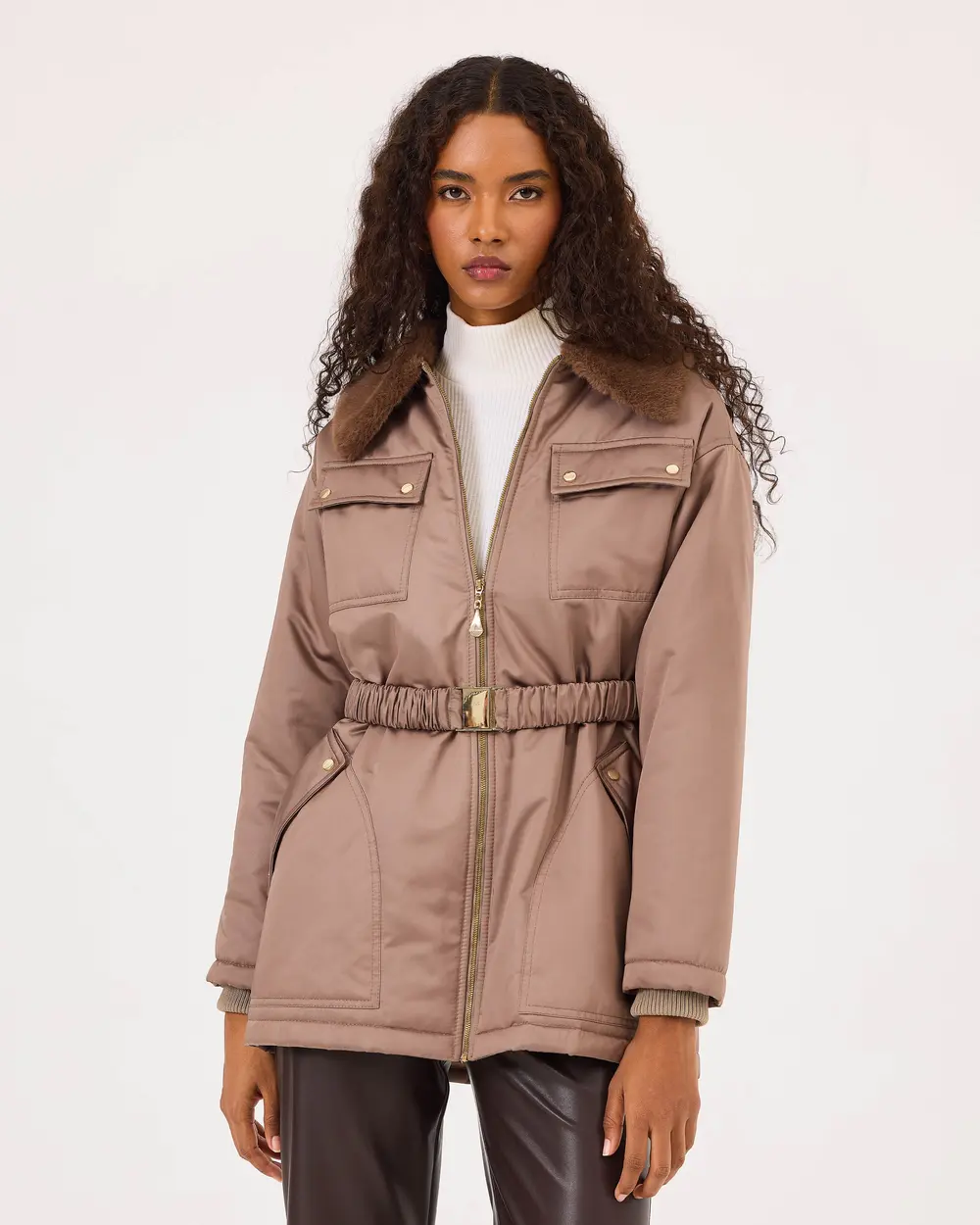 Belted Faux Fur Detailed Pocket Coat