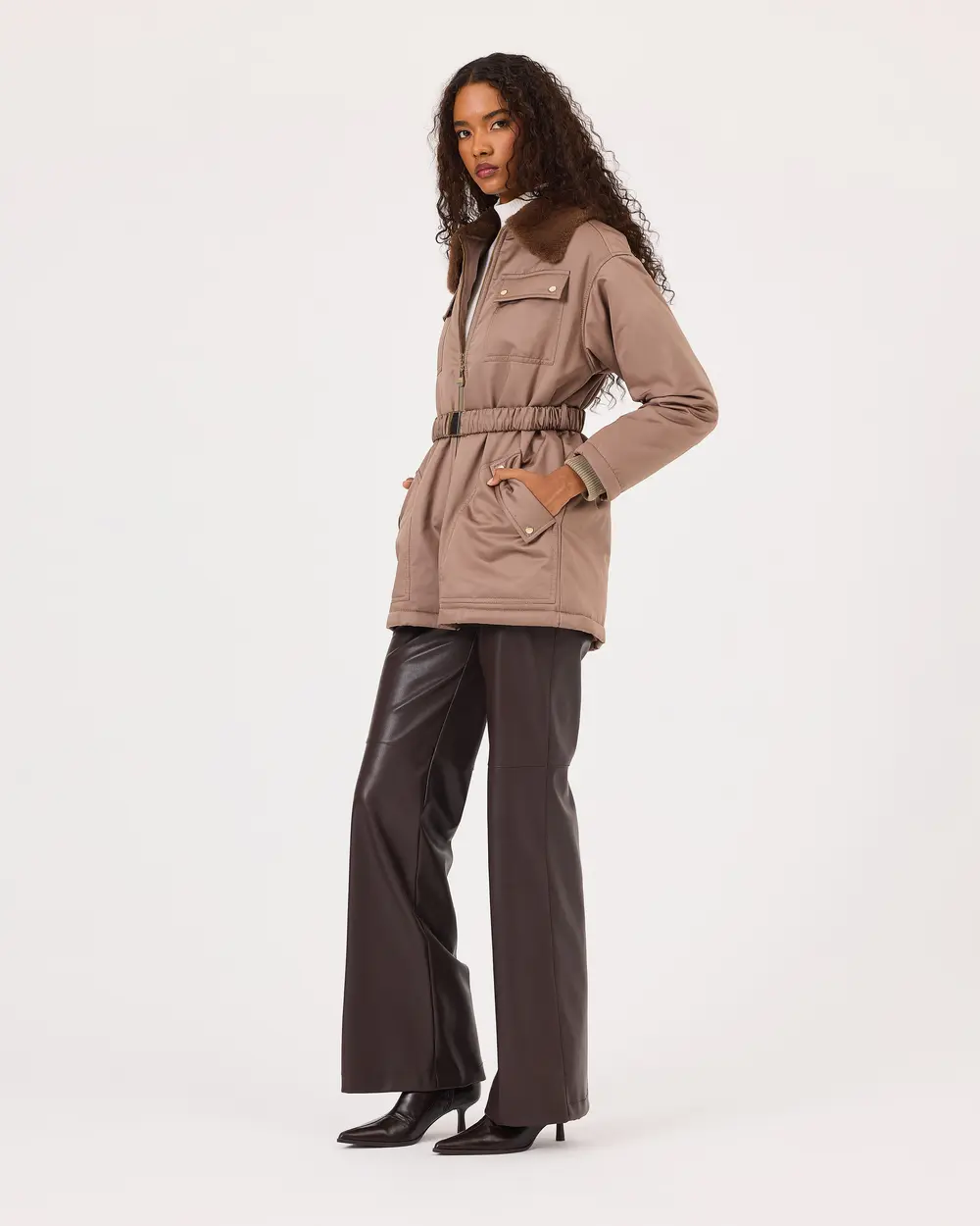 Belted Faux Fur Detailed Pocket Coat