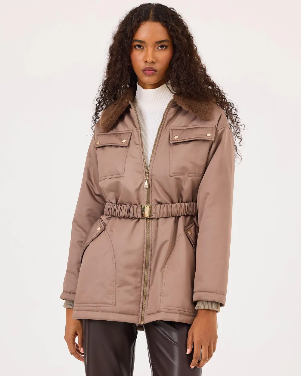 Belted Faux Fur Detailed Pocket Coat