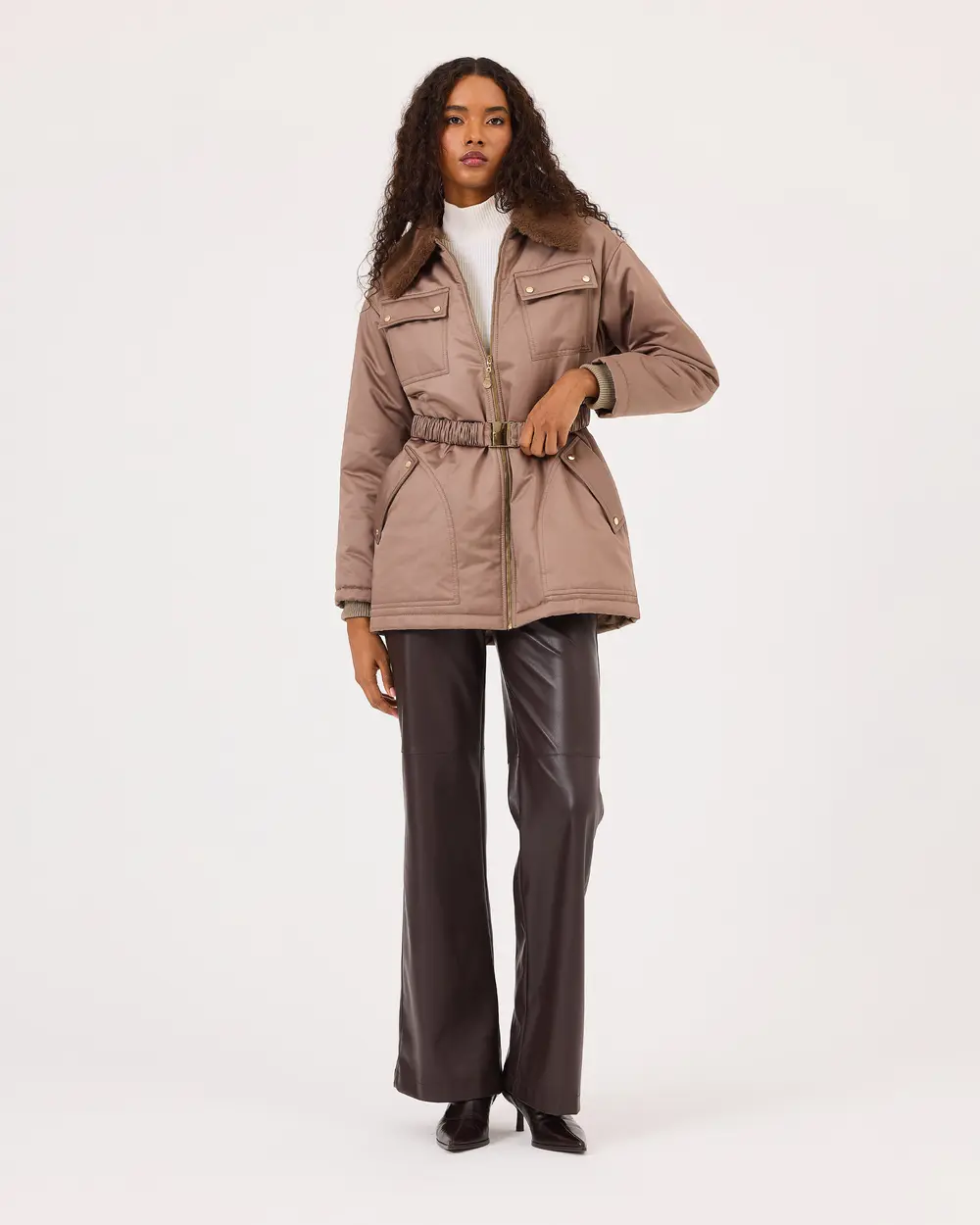 Belted Faux Fur Detailed Pocket Coat