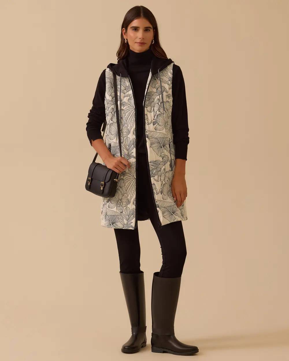 Desenli Cep Detaylı Kapüşonlu Yelek