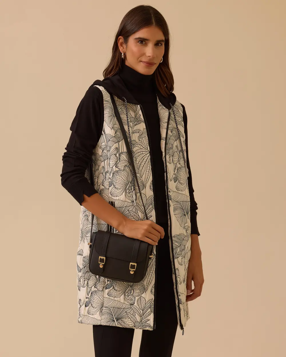 Desenli Cep Detaylı Kapüşonlu Yelek