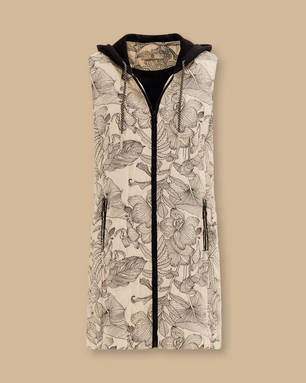 Desenli Cep Detaylı Kapüşonlu Yelek