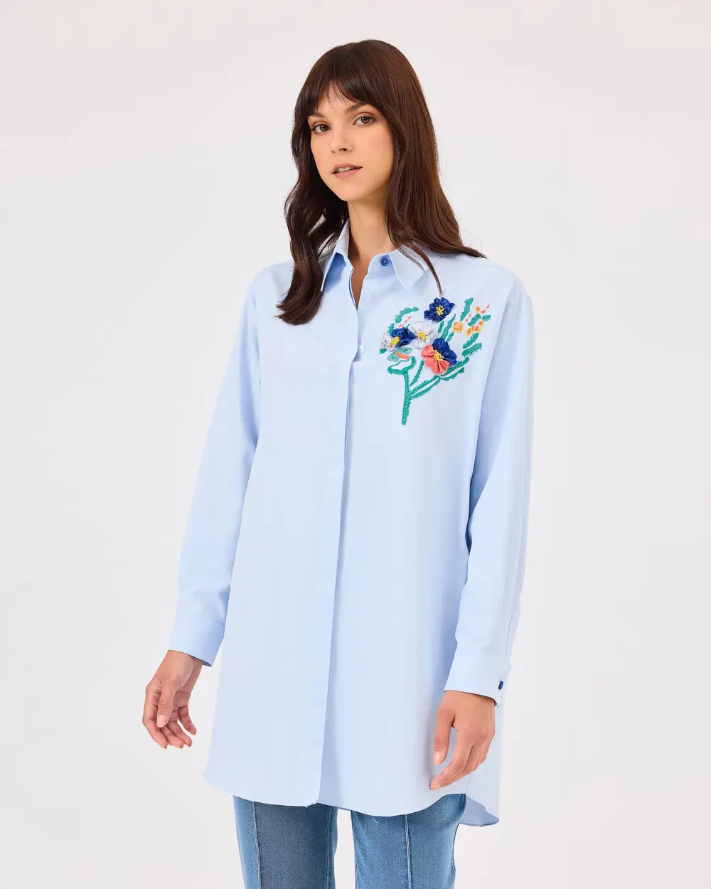 Embroidered Button Detailed Long Sleeve Shirt